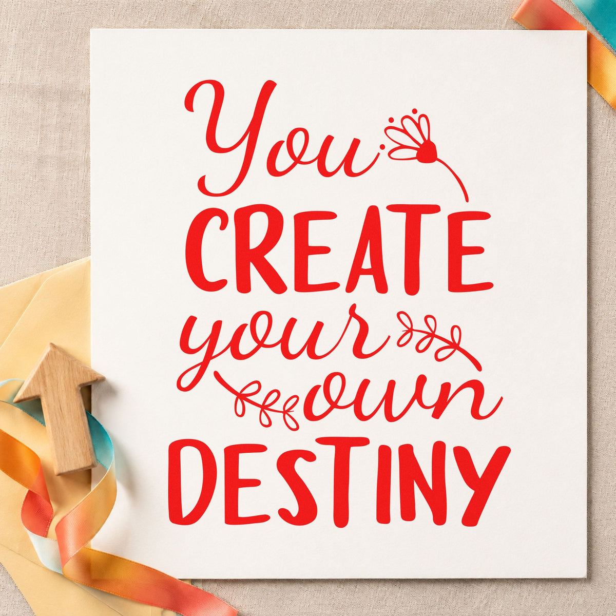 Create Your Own Destiny rubber stamp shown in red ink, stamped for projects such as crate keepsake labels.