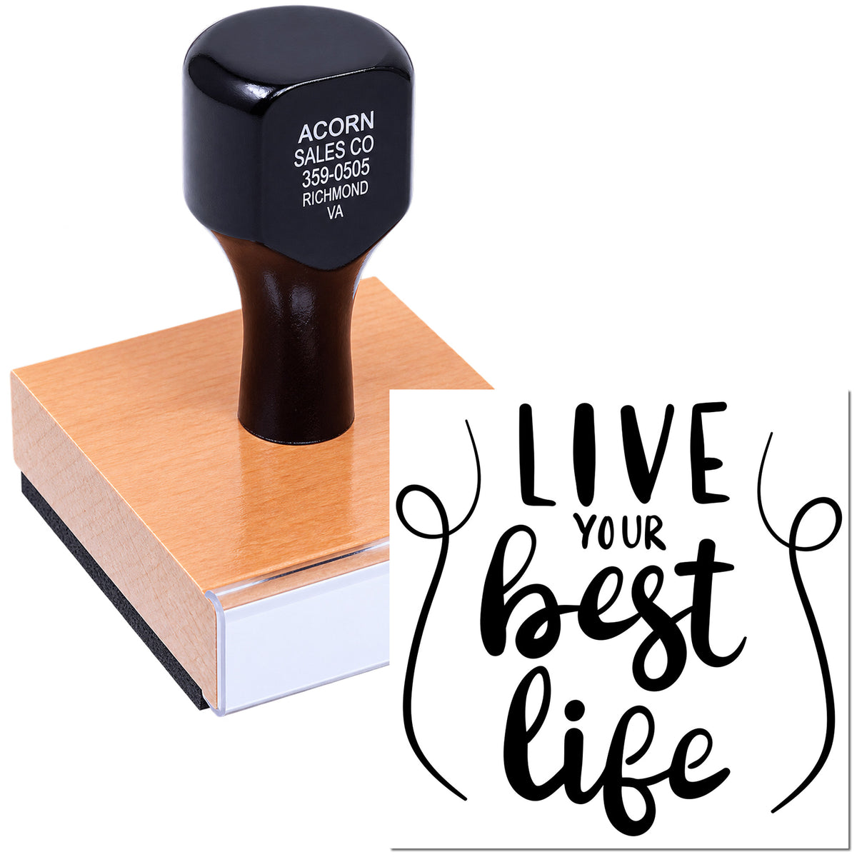 Custom rubber stamp with Live Your Best Life design for personalized crafting and inspirational stamping.
