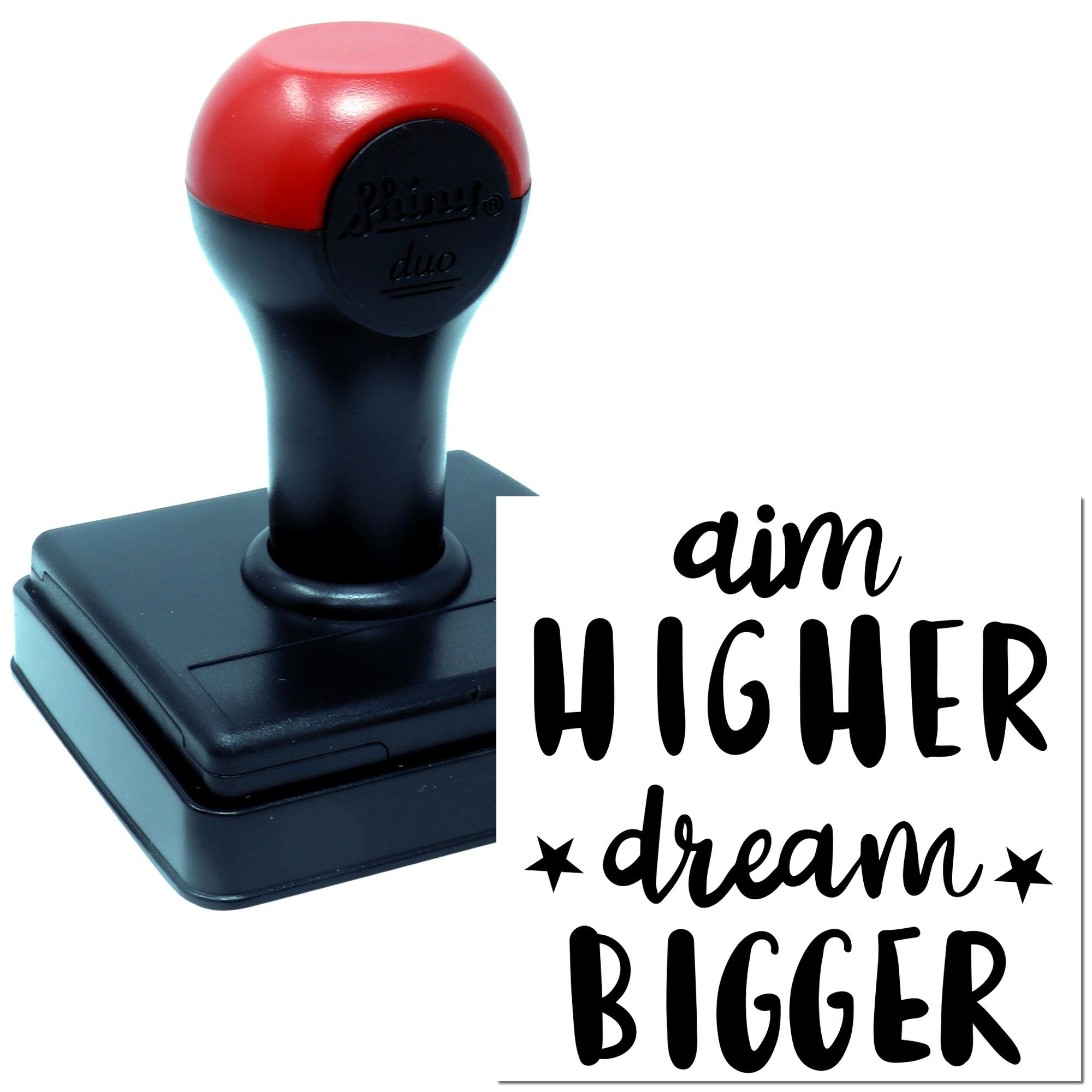 Self-inking rubber stamp with aim higher dream bigger motivational design for crafts, planners, and business branding.