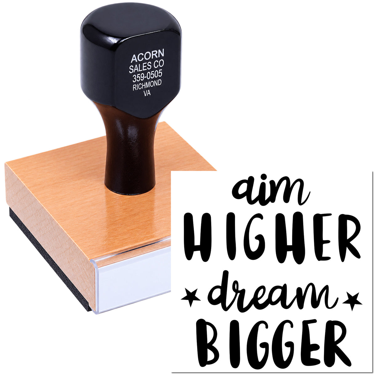 Custom rubber stamp with motivational text aim higher, dream bigger for personalized branding and paper crafts