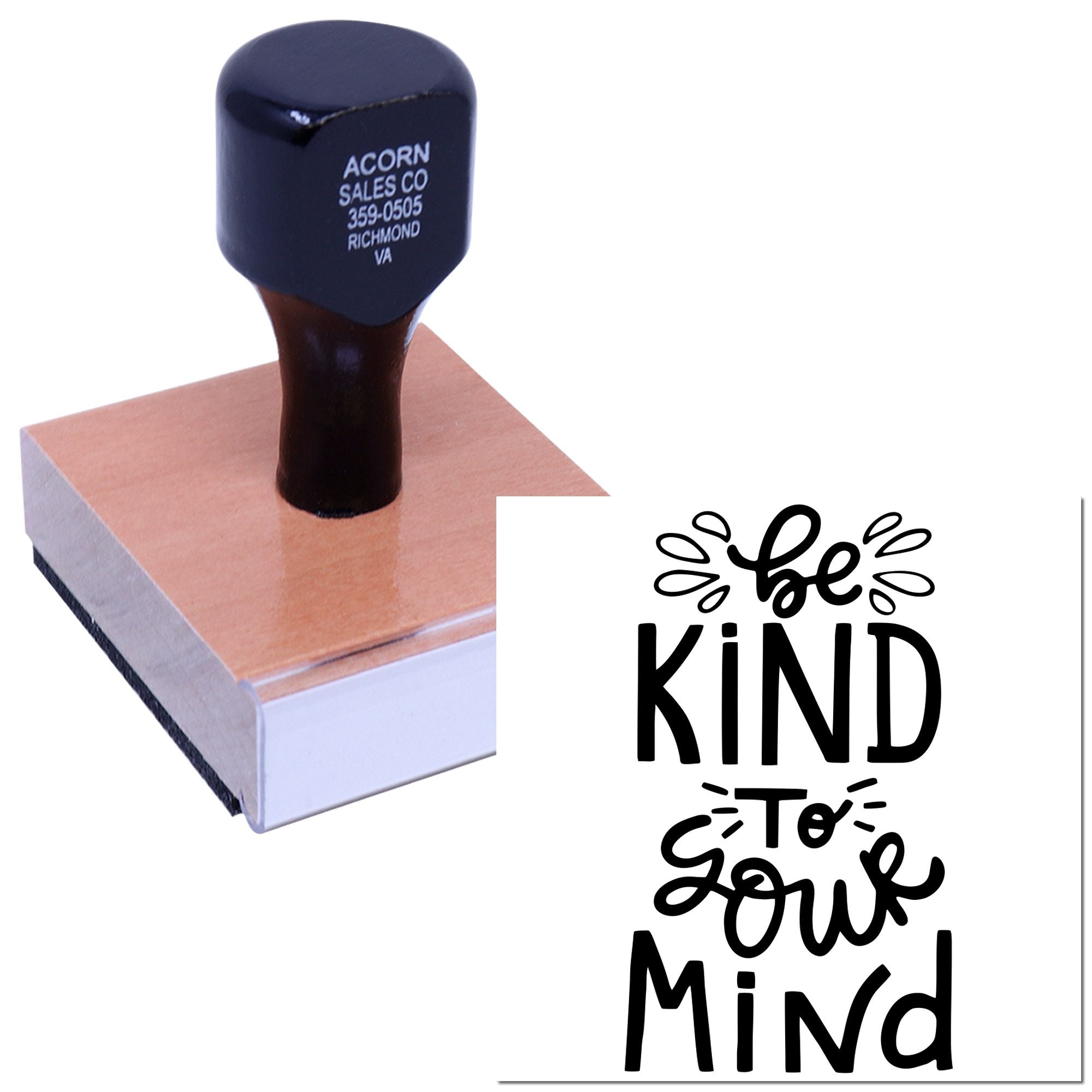 Custom rubber stamp with Be Kind to Your Mind quote for handmade cards, journaling, and motivational crafts.