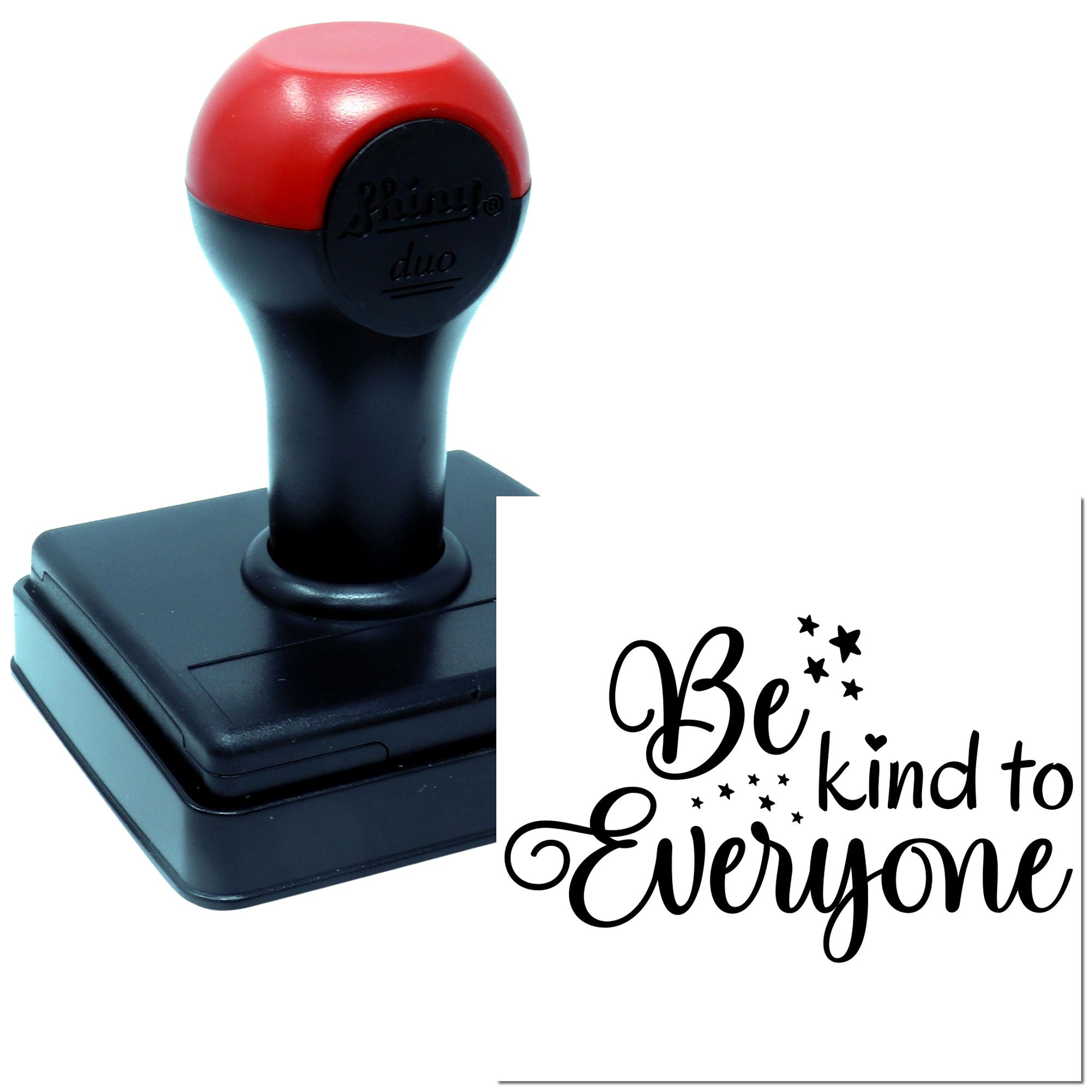Self-inking rubber stamp displaying Be kind to everyone with star accents for custom motivational stamping.