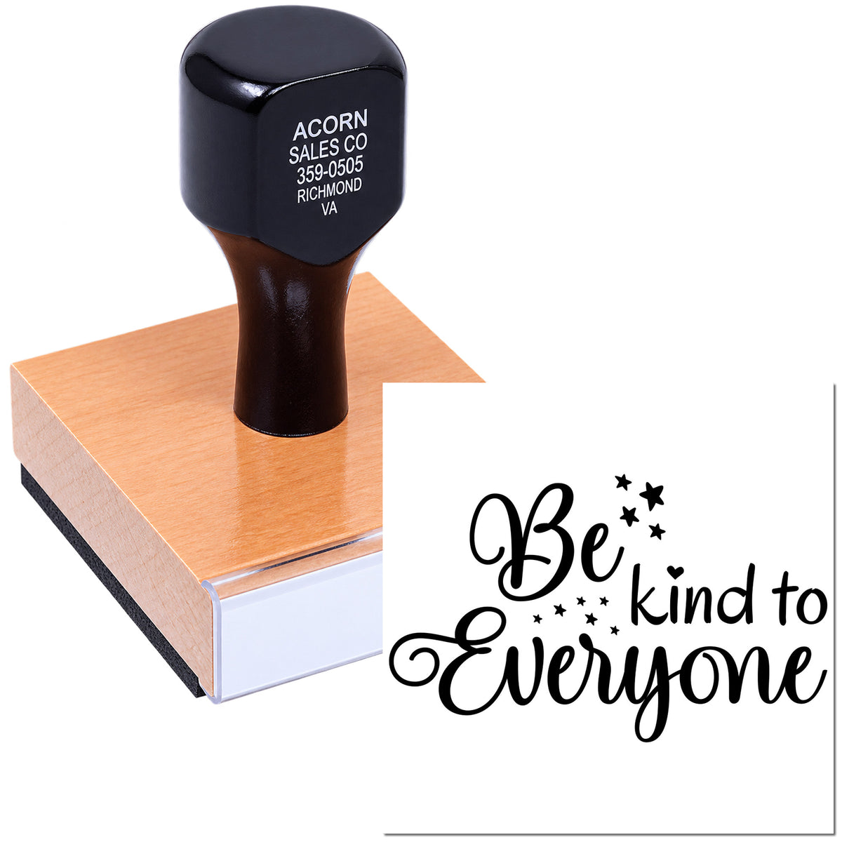 Custom rubber stamp with Be Kind to Everyone design for uplifting crafts, packaging, and handmade business branding.