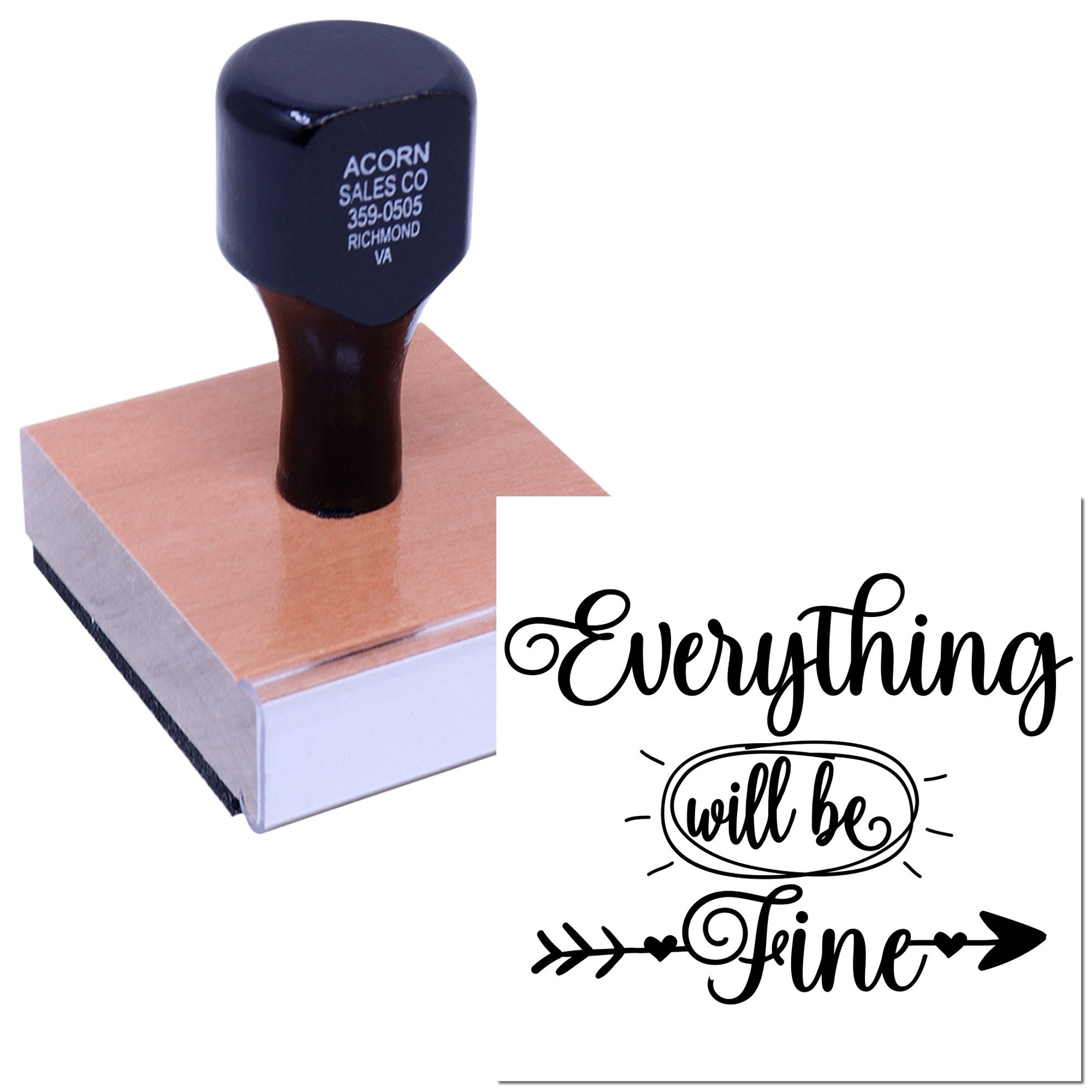 Custom rubber stamp with Everything will be Fine motivational quote for crafts, packaging, and stationery.
