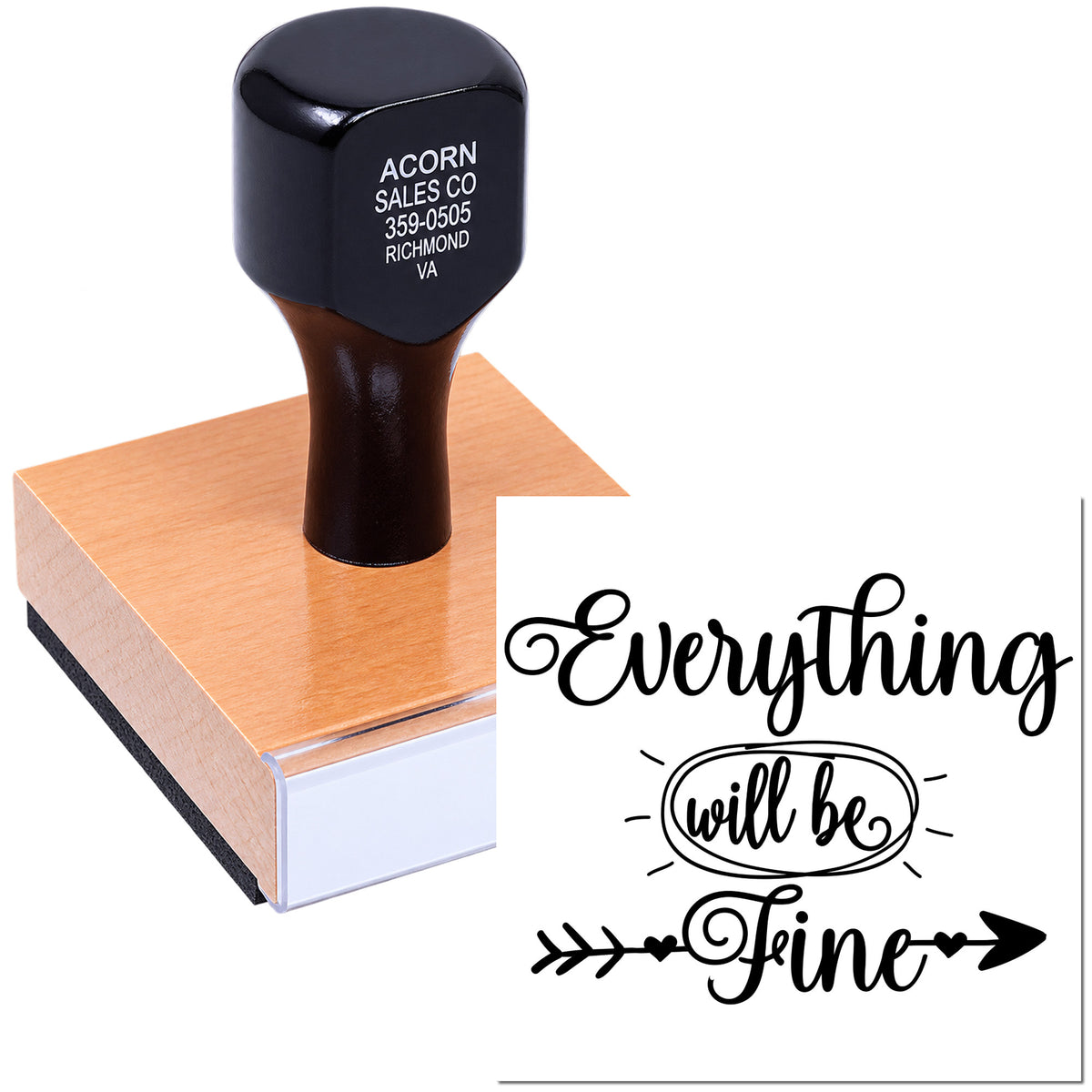 Custom rubber stamp with Everything will be Fine motivational quote for crafts, packaging, and stationery.