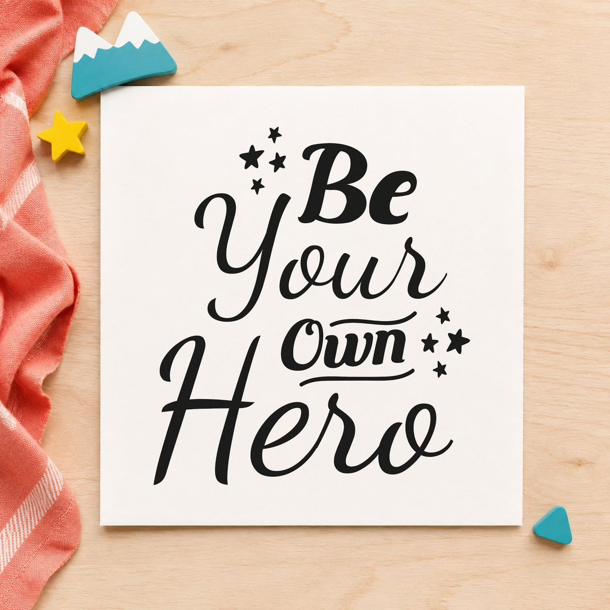 Be Your Own Hero craft stamp imprint in black ink on a handmade project, one idea being cape bundle gift tags.