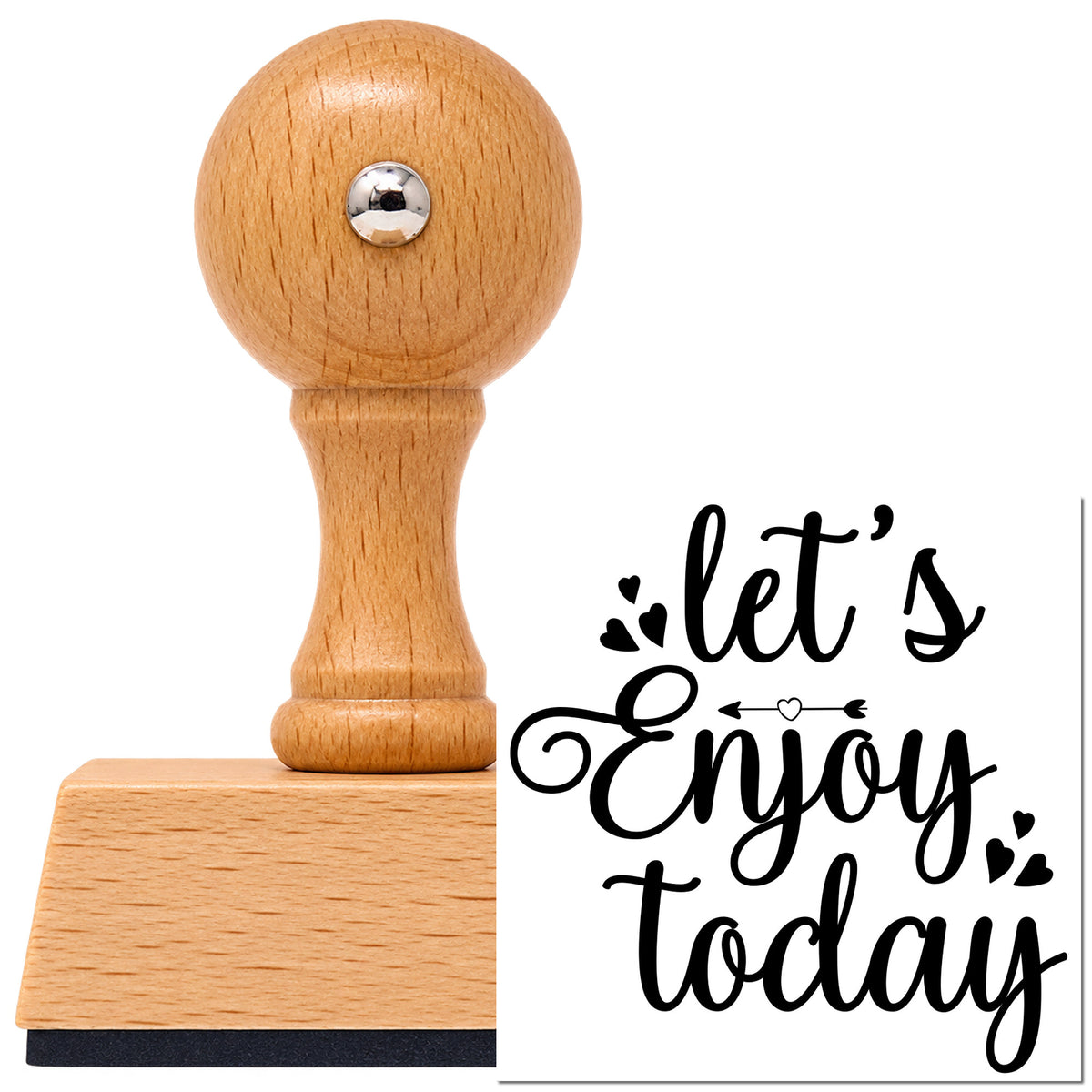 Let's Enjoy Today Hearts Vintage Pro rubber stamp in European beech wood with a round knob handle, shown beside its black imprint.