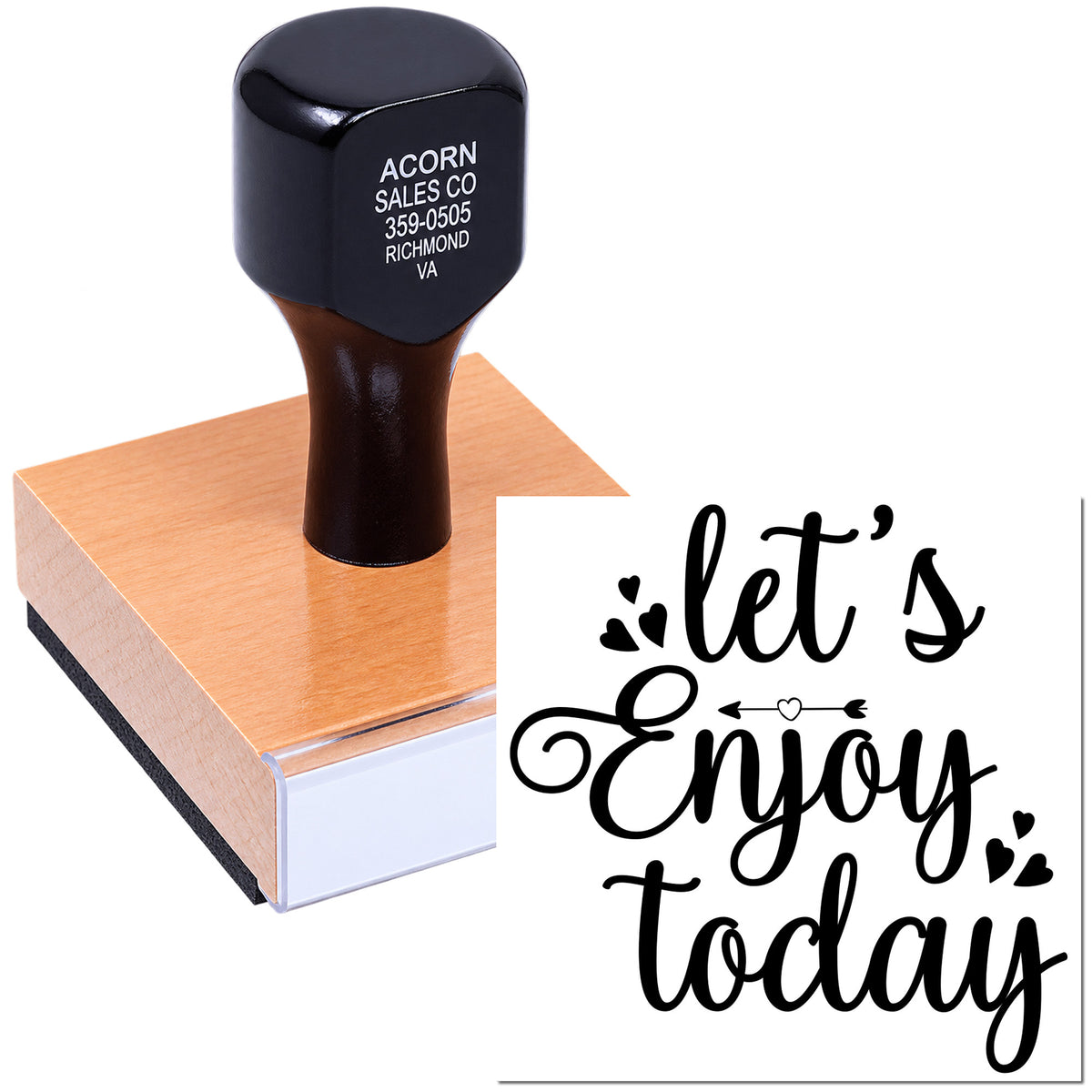 Wood-mounted custom rubber stamp with lets enjoy today script for handmade cards, crafts, and DIY projects.
