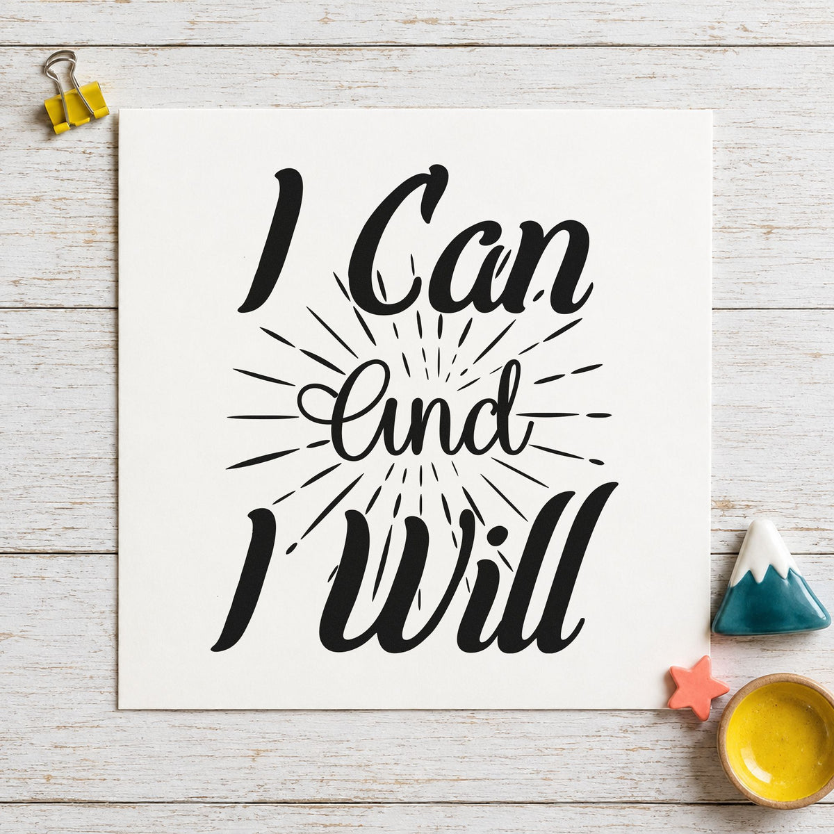 I Can And I Will craft stamp imprint in black ink on a handmade project, one idea being swim bag gift tags.