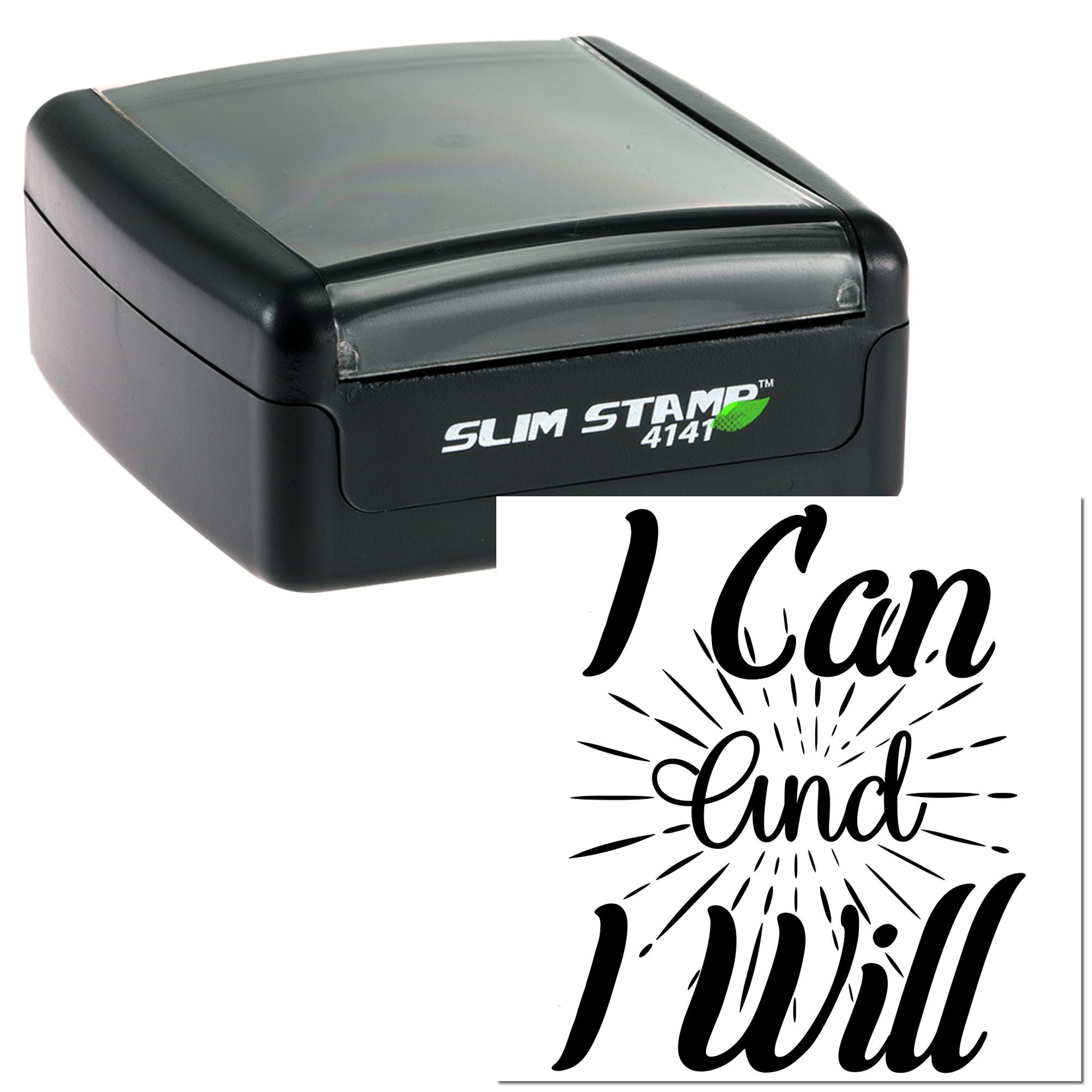 Self-inking rubber stamp with I Can and I Will motivational impression for business, craft, or office use.