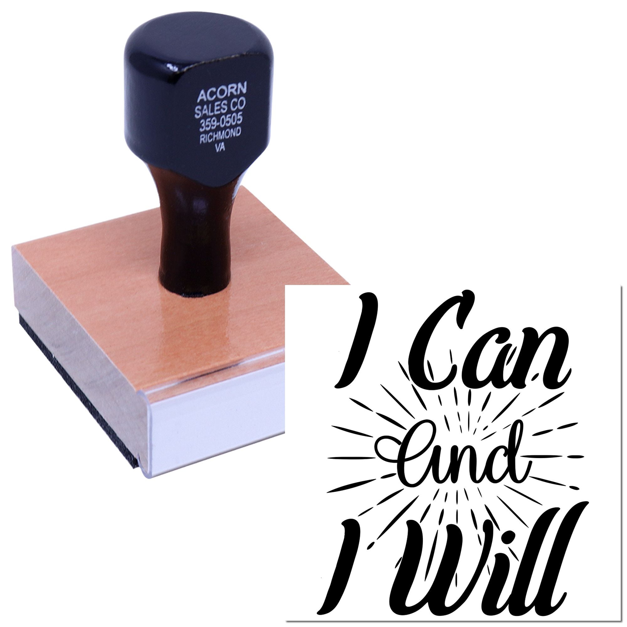 Custom rubber stamp featuring I Can and I Will motivational design for business branding, crafts, and DIY projects.