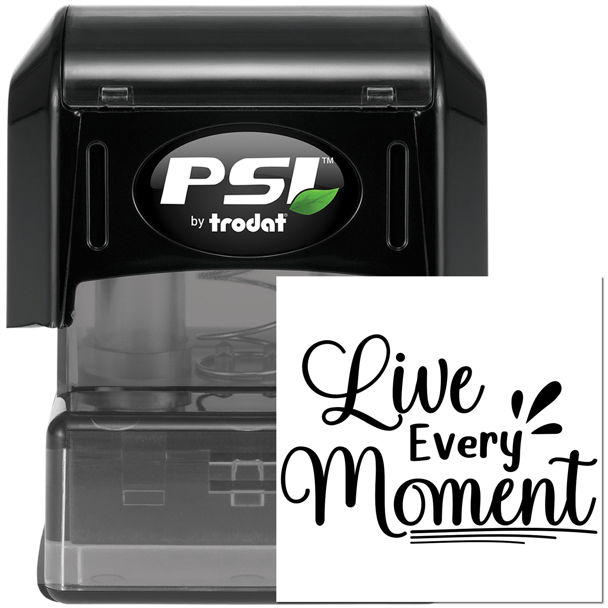 PSI by Trodat self-inking rubber stamp with custom Live Every Moment design for branding, crafts, and personalized use.