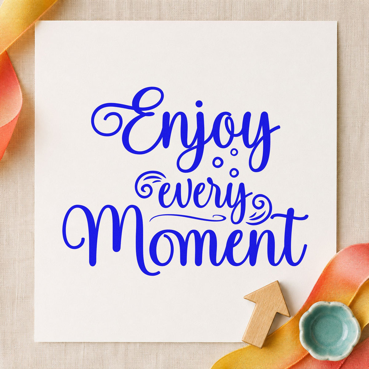 Enjoy Every Moment Flourishes Rubber Stamp – Duo Hand in use 5