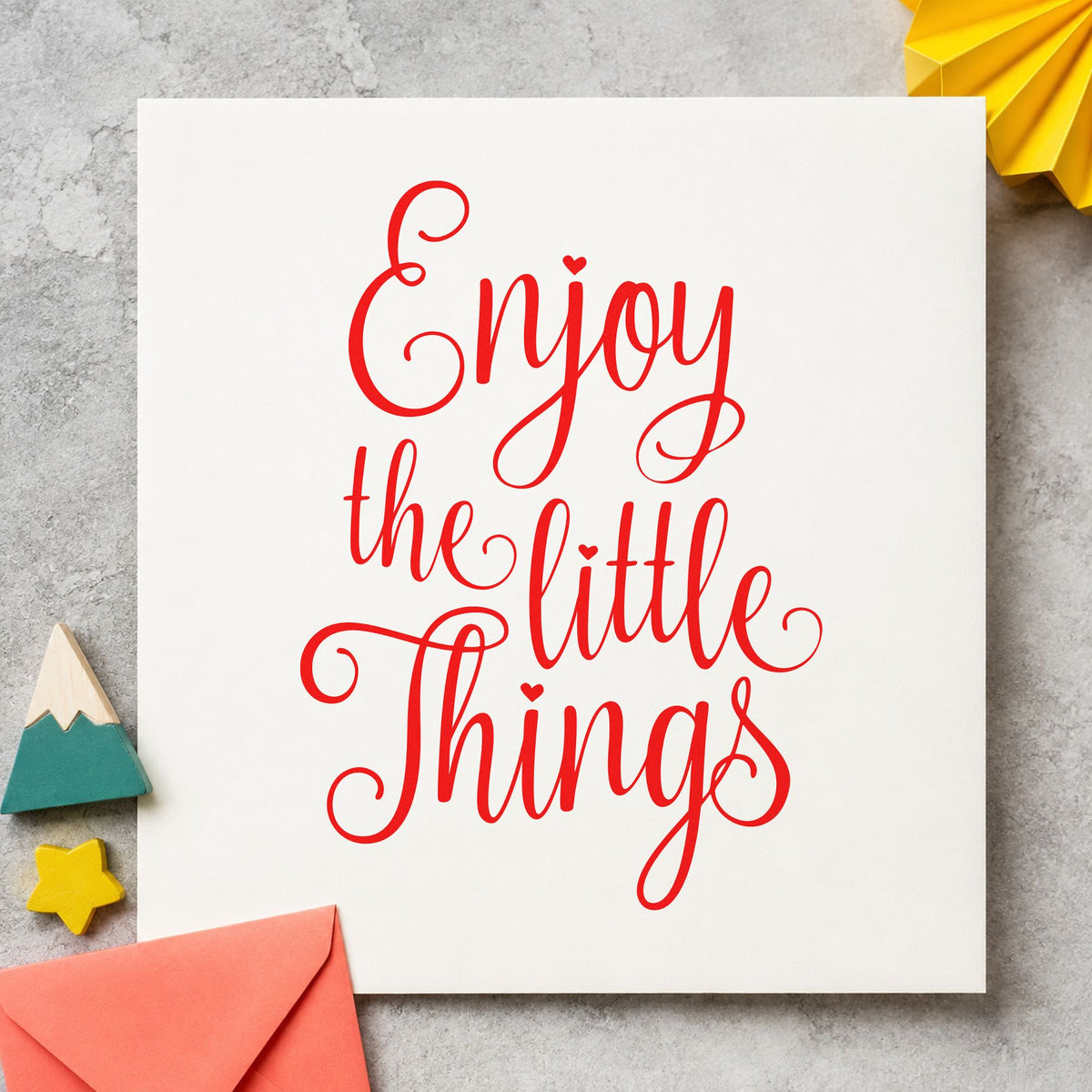 Enjoy The Little Things rubber stamp shown in red ink, stamped for projects such as jar pantry labels.