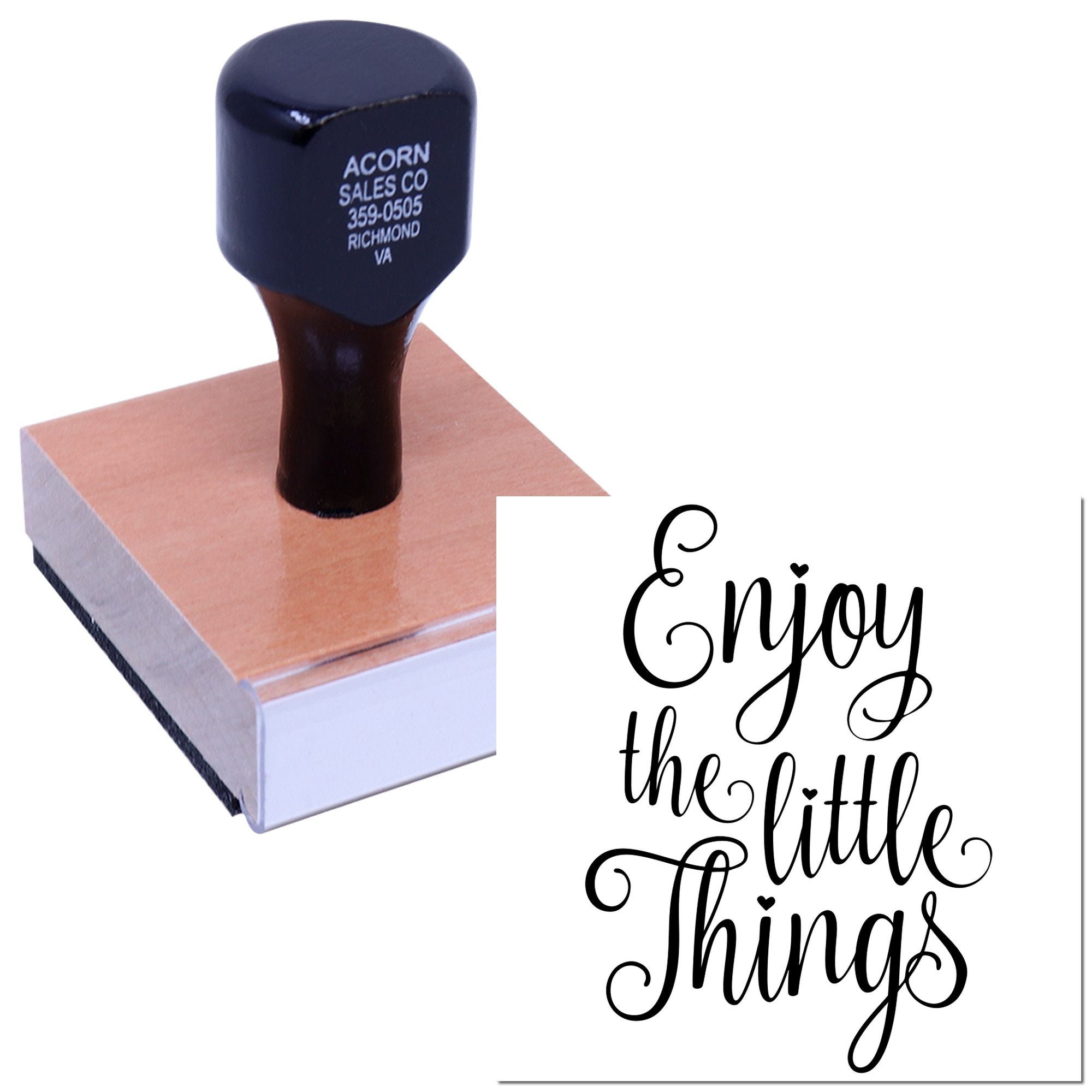 Custom rubber stamp with inspirational Enjoy the little things design for crafts, packaging, and personalized stationery.