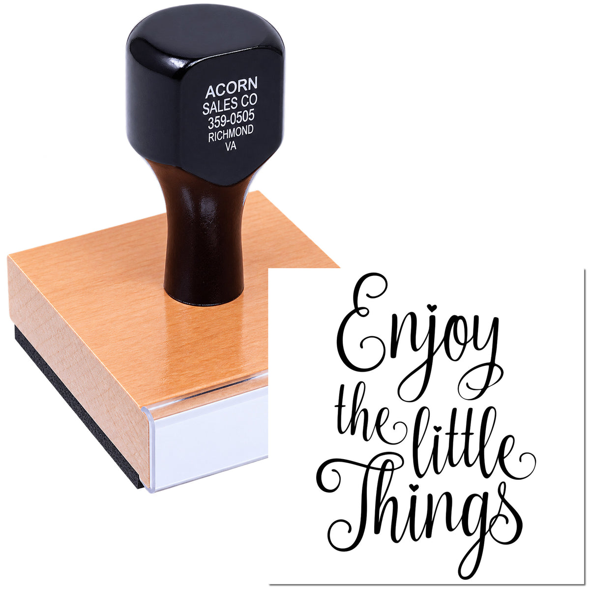 Custom rubber stamp with inspirational Enjoy the little things design for crafts, packaging, and personalized stationery.
