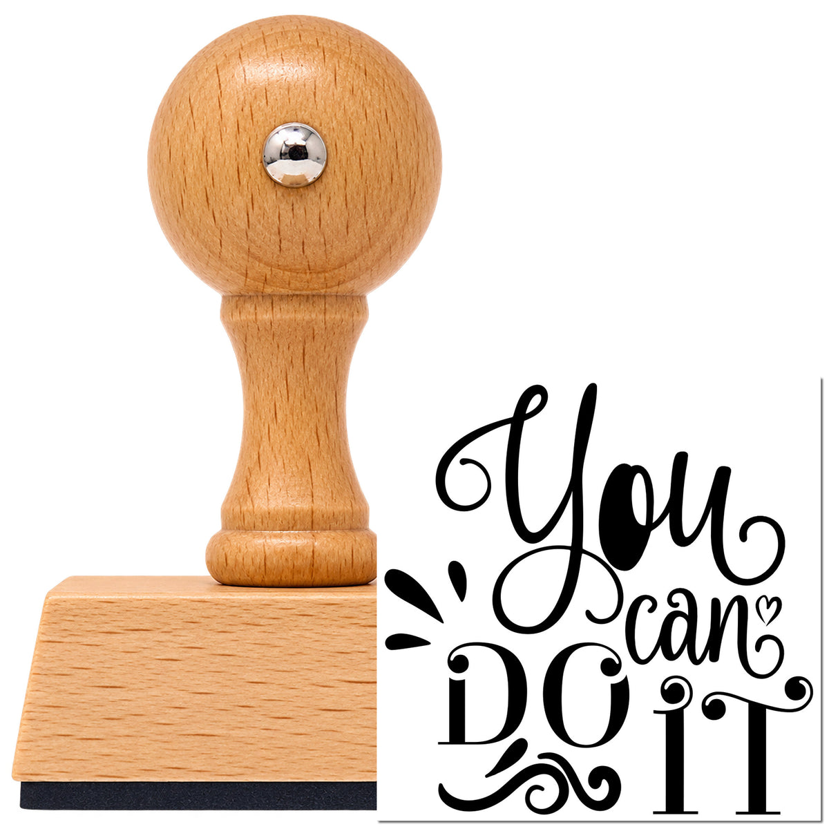 You Can Do It Flourishes With Hearts Vintage Pro rubber stamp in European beech wood with a round knob handle, shown beside its black imprint.