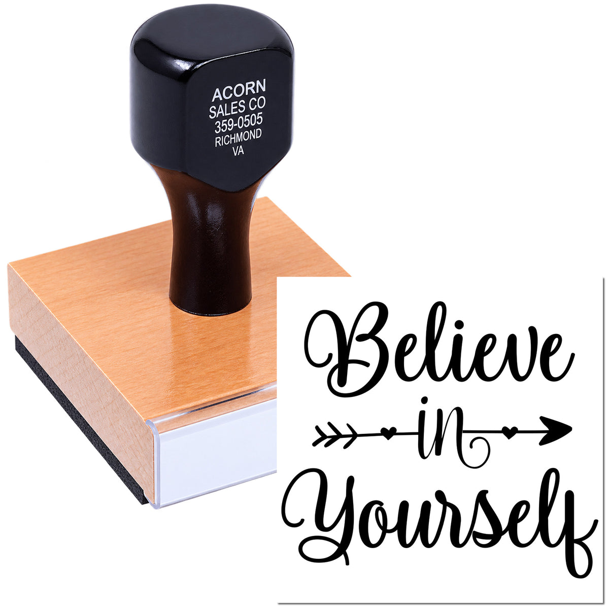 Custom rubber stamp with Believe in Yourself design for crafting, handmade cards, and inspirational stamping projects.