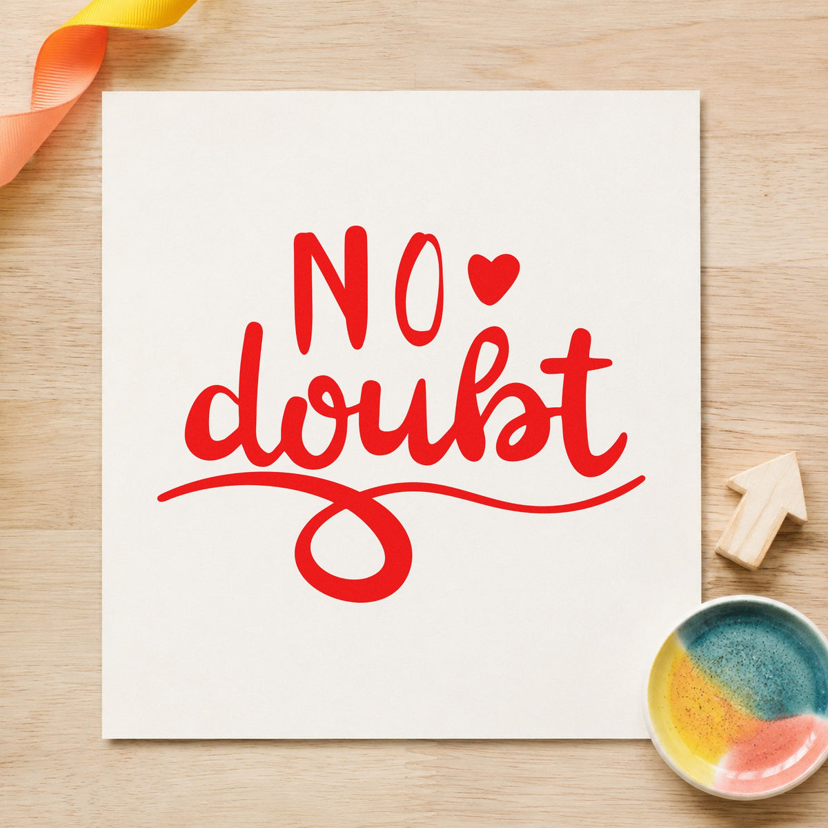 No Doubt Heart Flourish rubber stamp shown in red ink, stamped for projects such as rack bow labels.