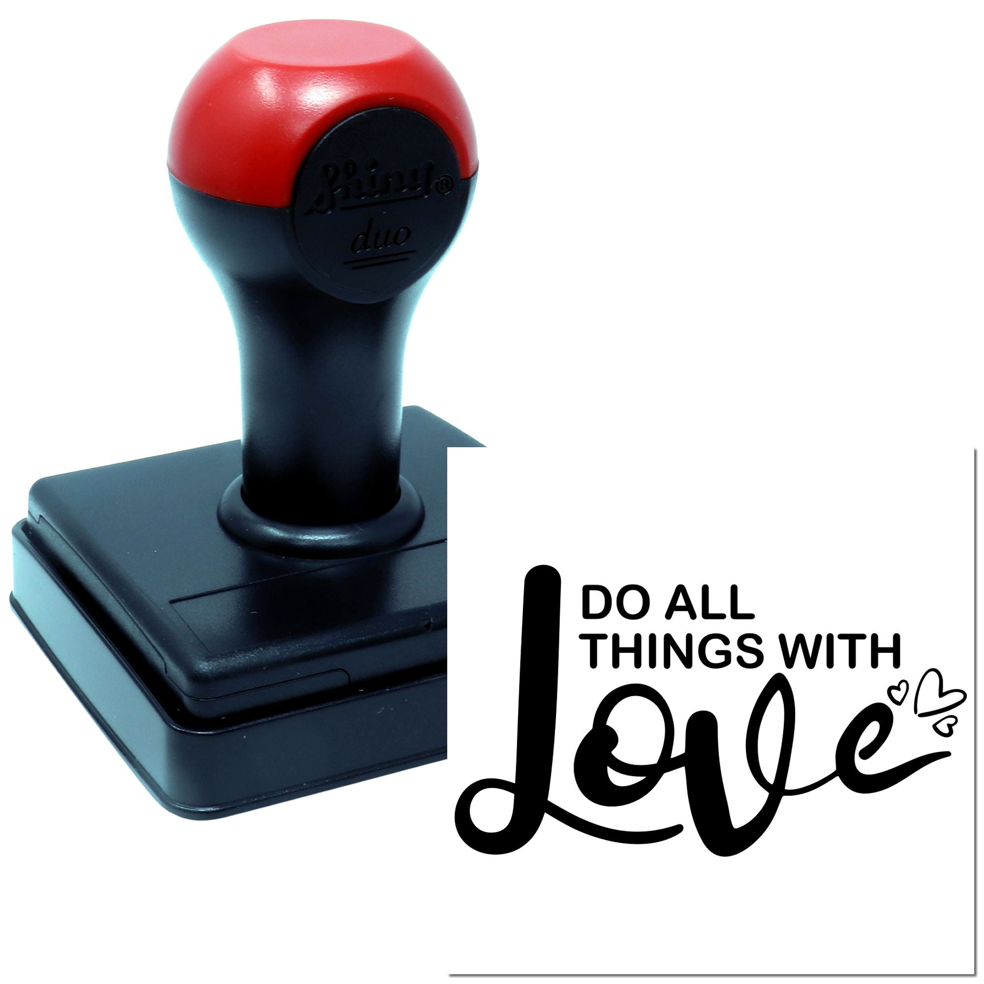Self-inking rubber stamp with Do All Things With Love motivational design for crafting, packaging, and handmade business use