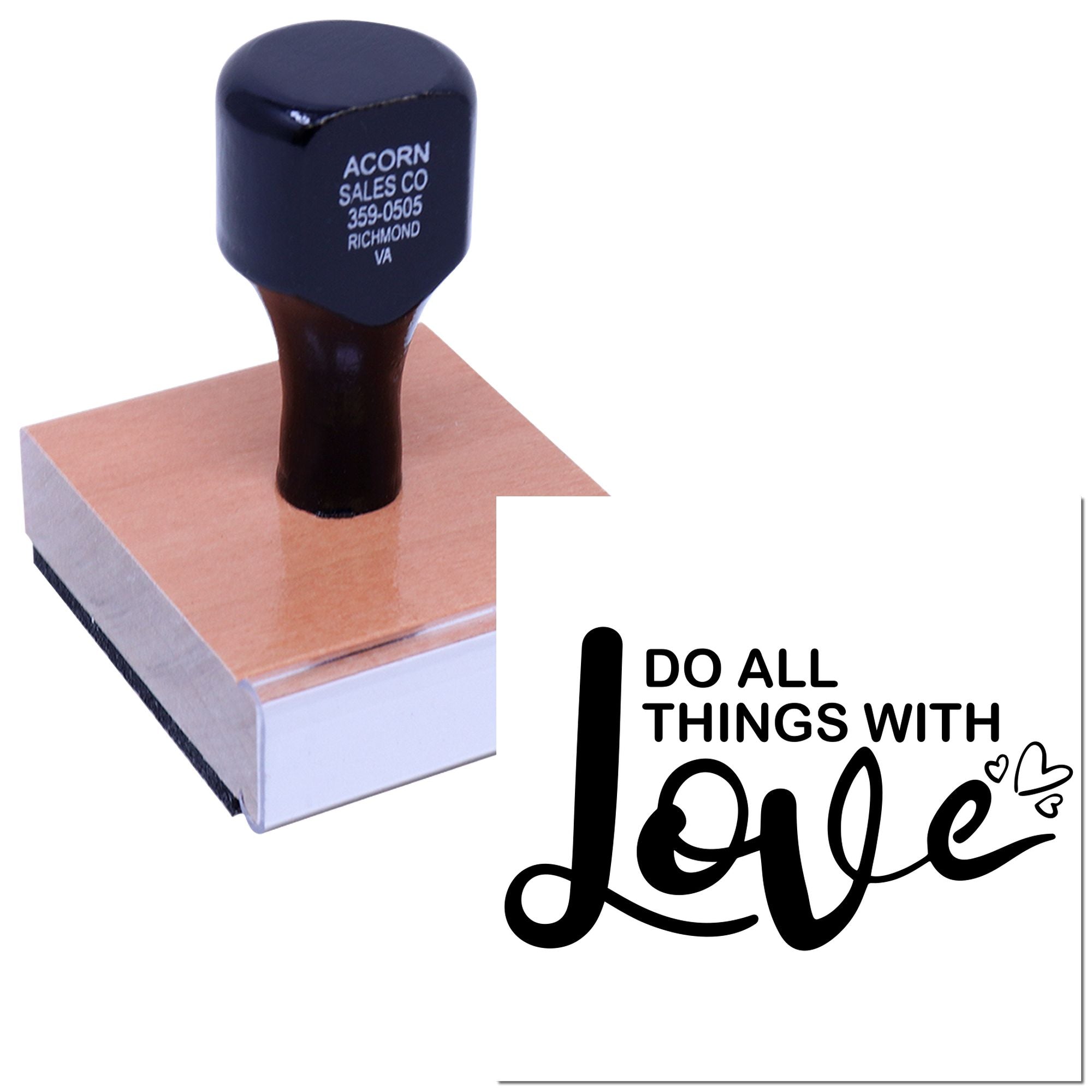 Custom rubber stamp with Do All Things With Love imprint for crafts, handmade packaging, and business branding.