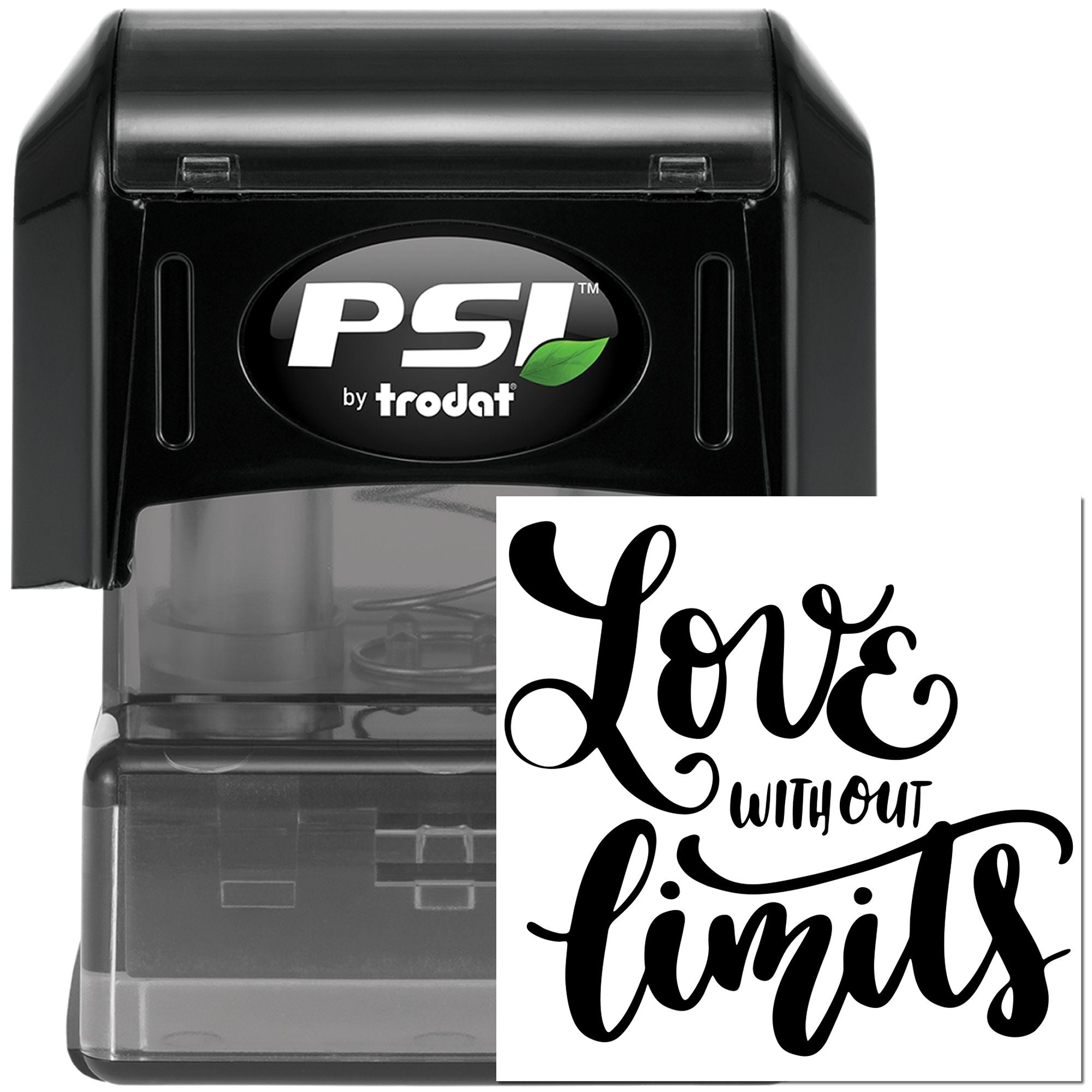 PSI by Trodat self-inking rubber stamp with Love Without Limits custom design for wedding and craft stamping