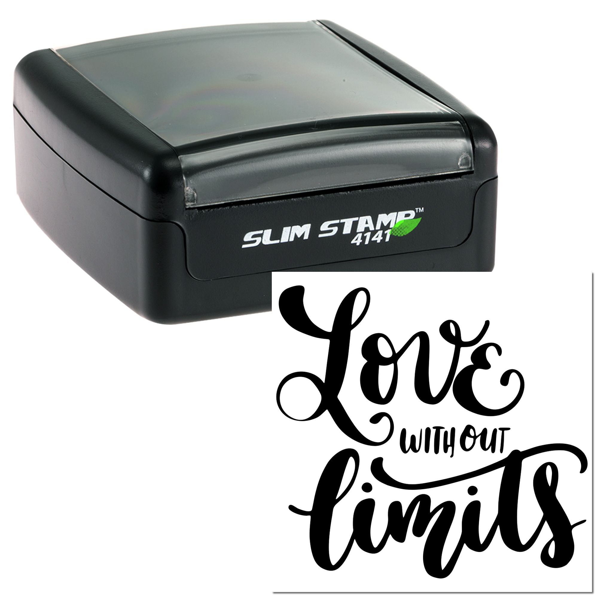 Self-inking custom rubber stamp with Love Without Limits phrase for handmade cards, gifts, and wedding favors.