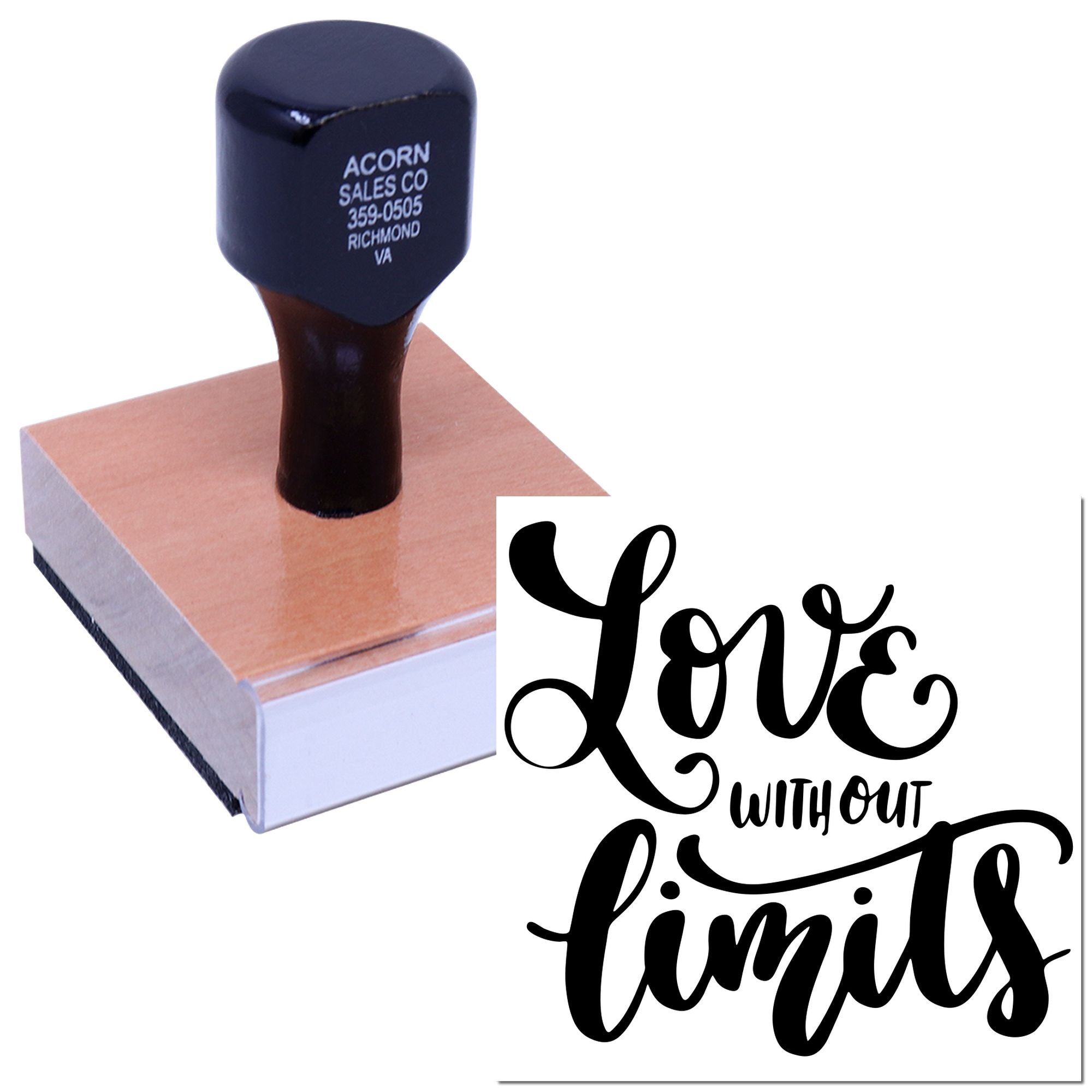 Custom rubber stamp with Love without limits design for crafts, branding, and packaging.