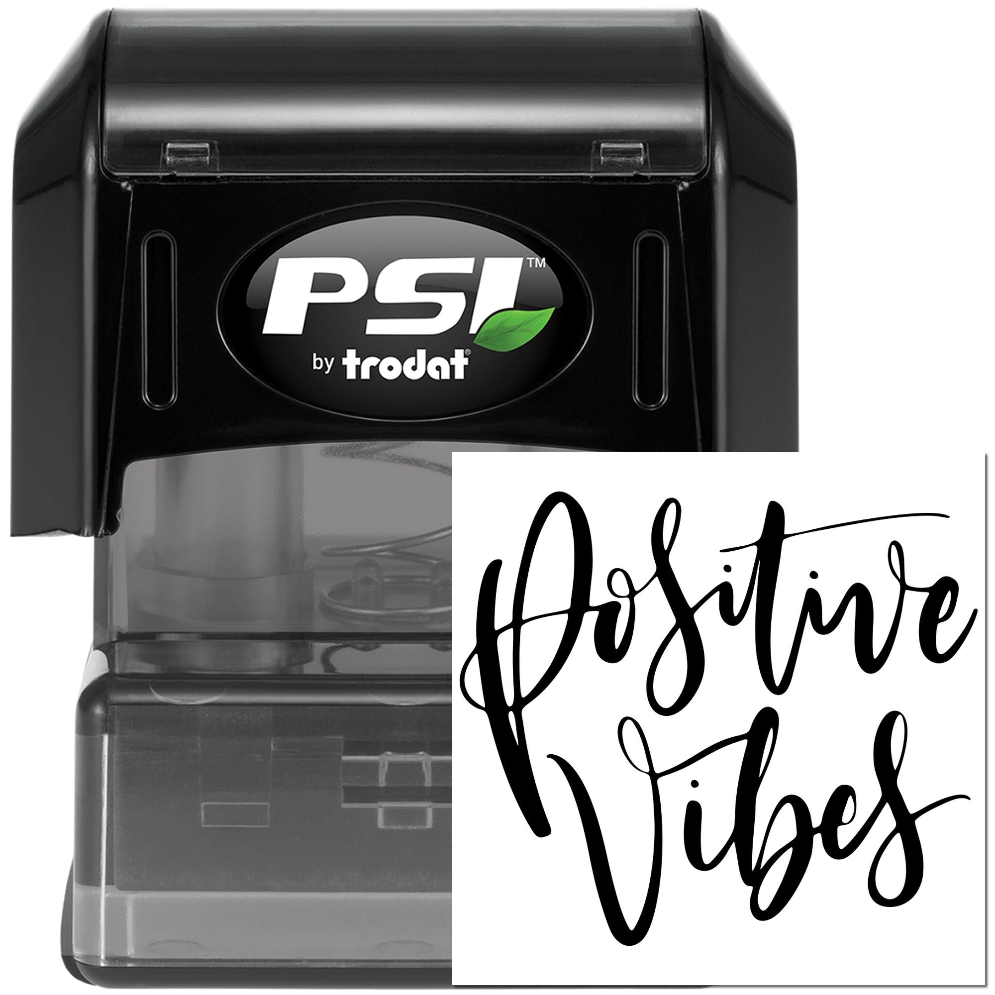 PSI by Trodat custom rubber stamp with Positive Vibes imprint for crafting, business branding, or packaging use.