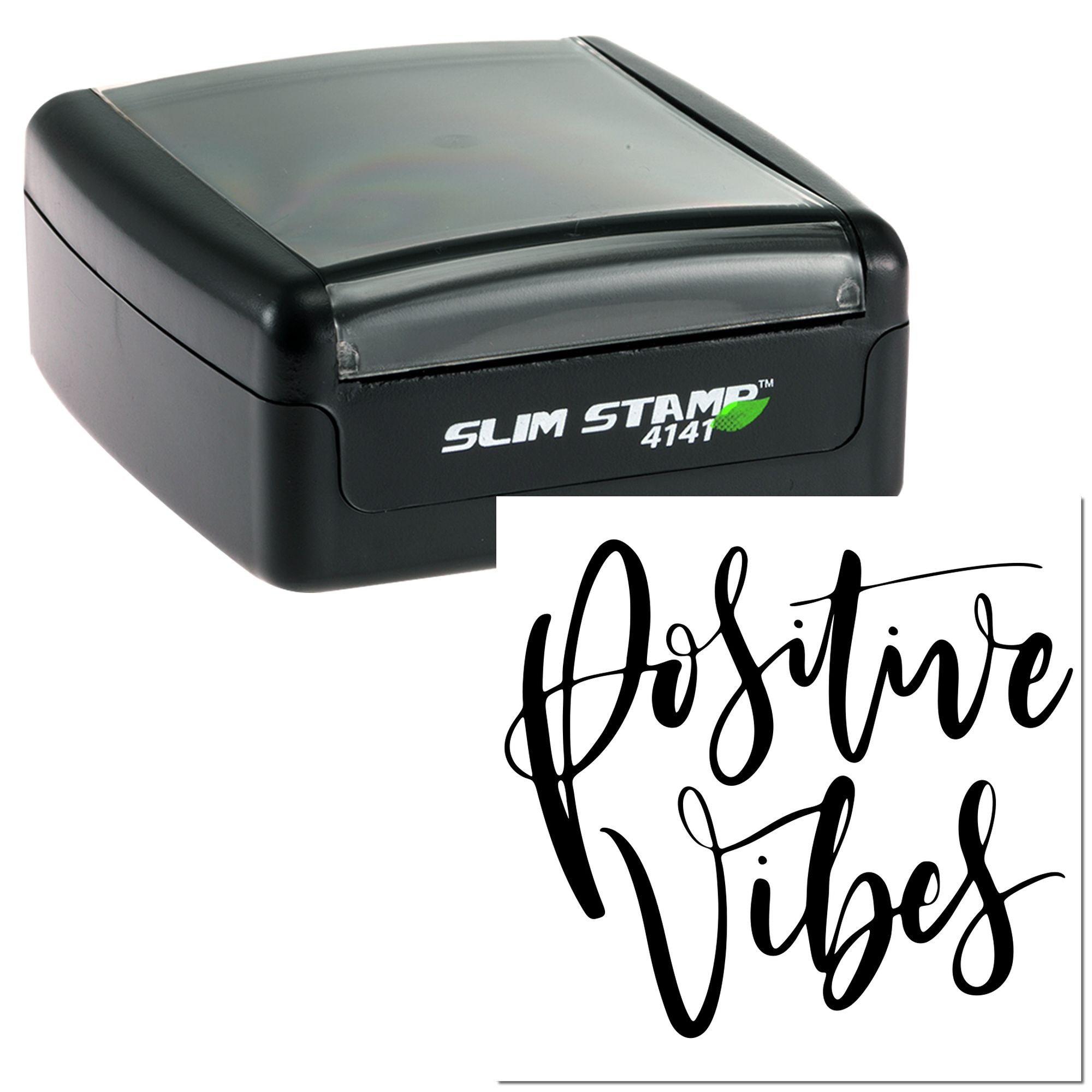 Slim self-inking rubber stamp with custom Positive Vibes script imprint for crafts, branding, and packaging.
