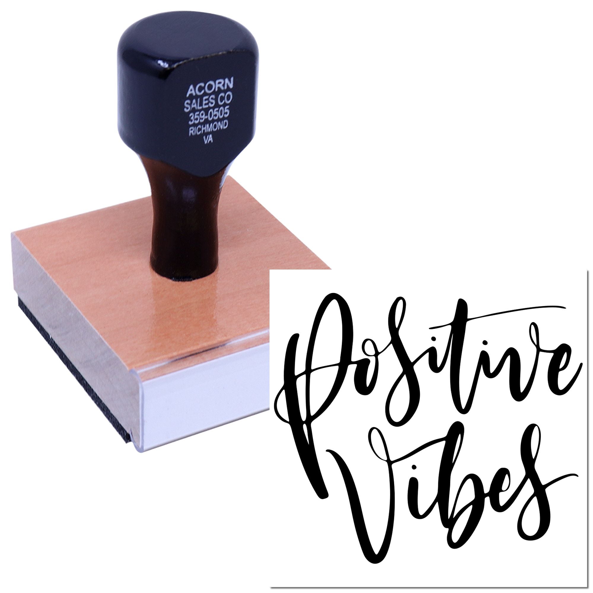 Custom rubber stamp on wood mount with logo imprint for business branding and packaging