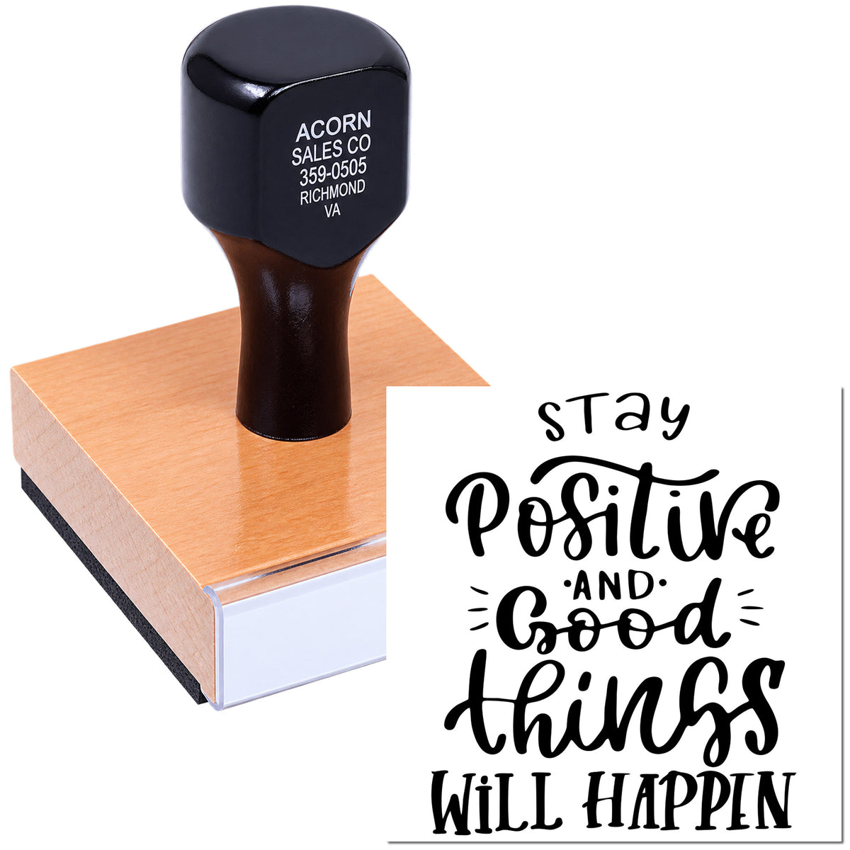 Custom rubber stamp featuring Stay positive and good things will happen for inspirational crafts and business branding.