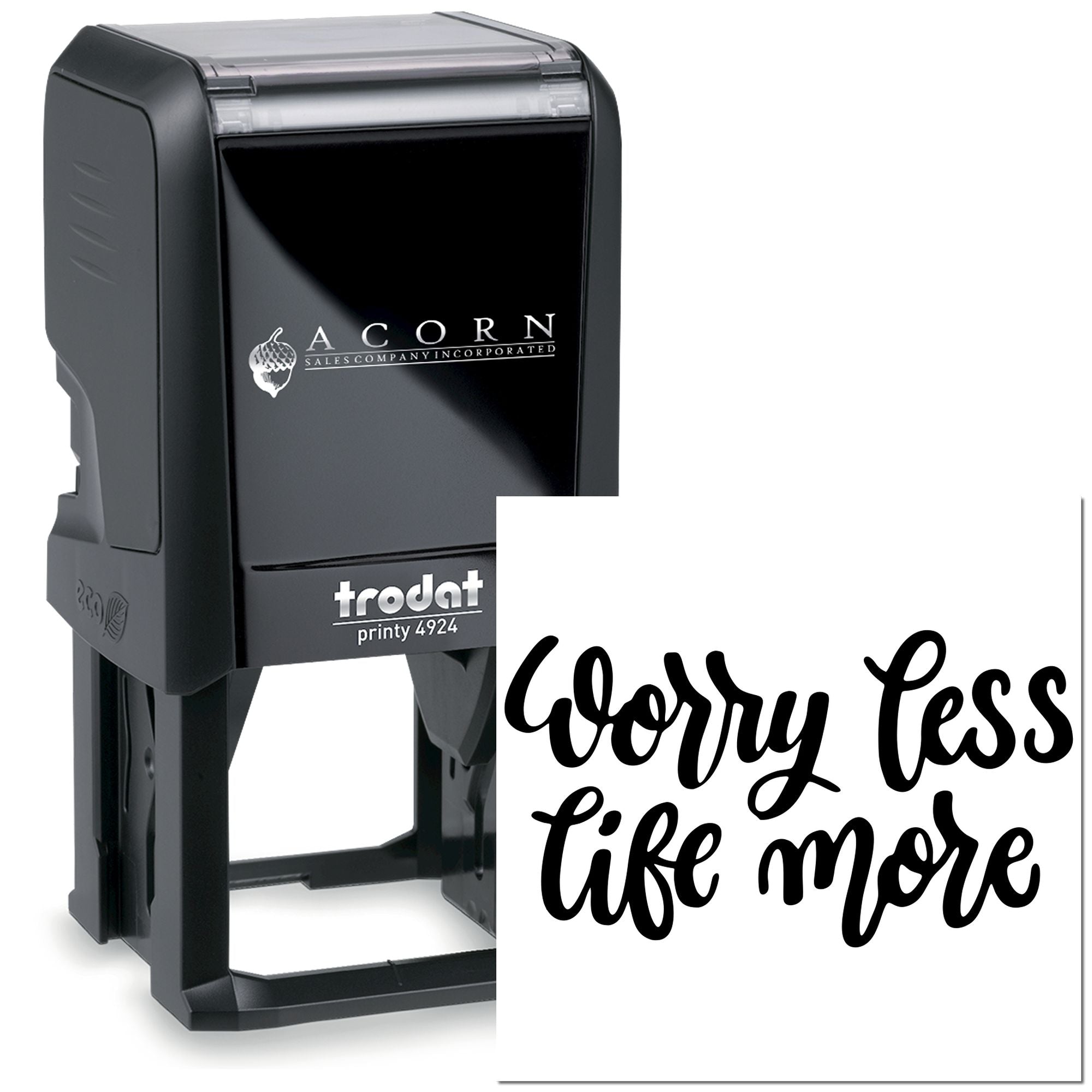 Custom self-inking rubber stamp with Worry Less, Live More for branding, crafting, or promotional use.