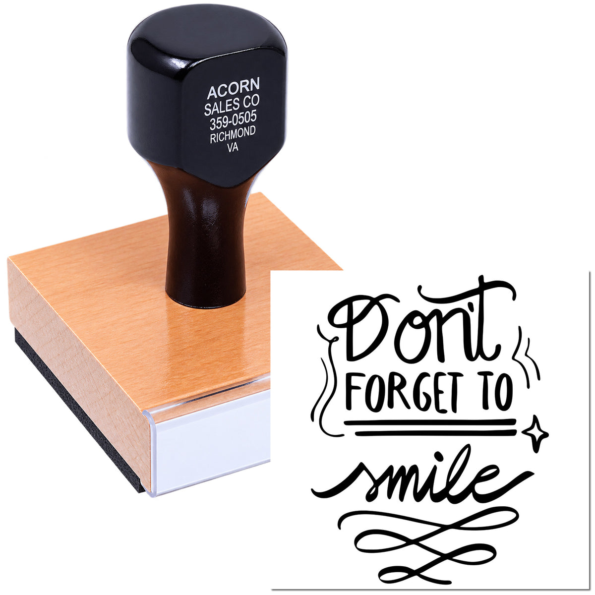 Custom rubber stamp with business address and Dont forget to smile message for office, branding, or craft use.