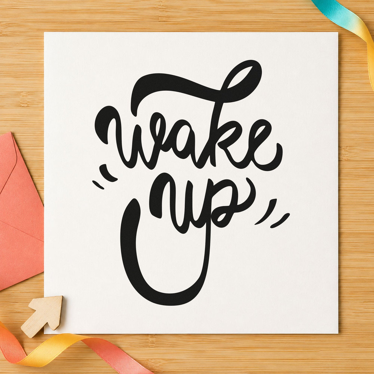 Wake Up Bold Script rubber stamp printed in black ink, ready for proof time sheet and similar paper crafts.