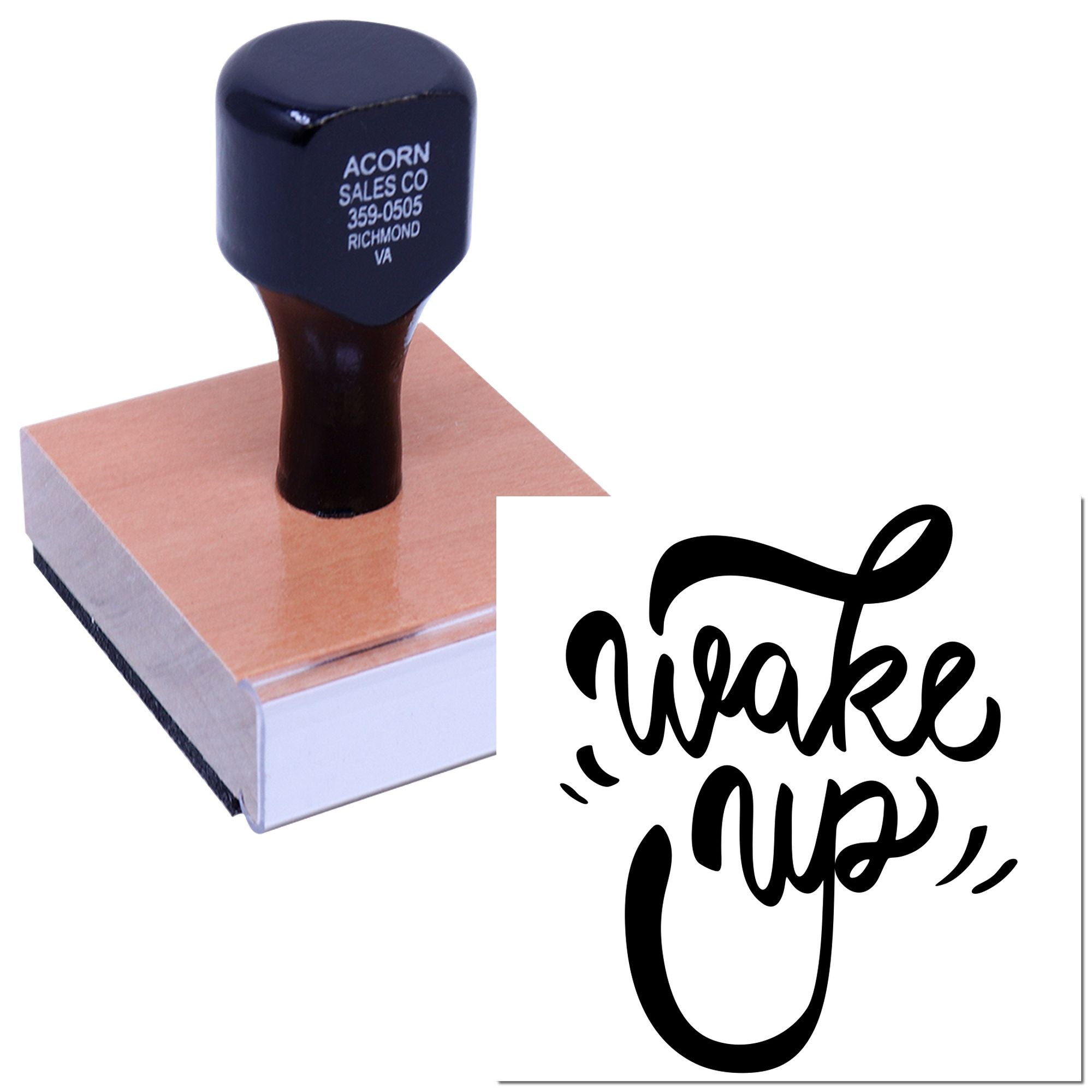 Custom rubber stamp with Wake Up script logo for branding, packaging, and business stationery.