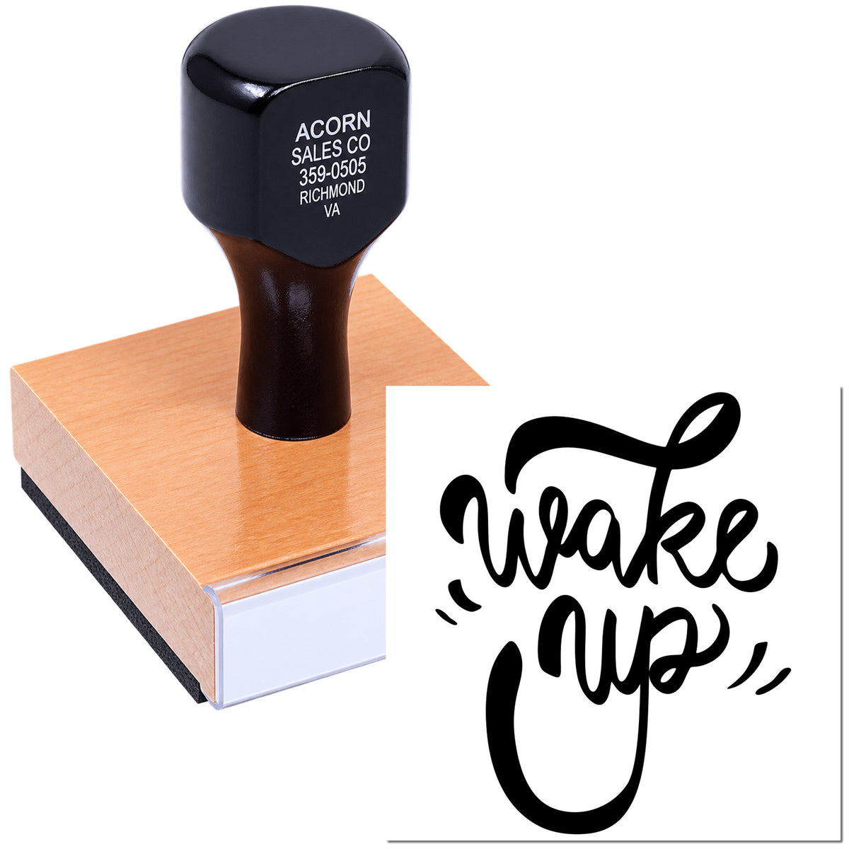 Custom rubber stamp with Wake Up script logo for branding, packaging, and business stationery.