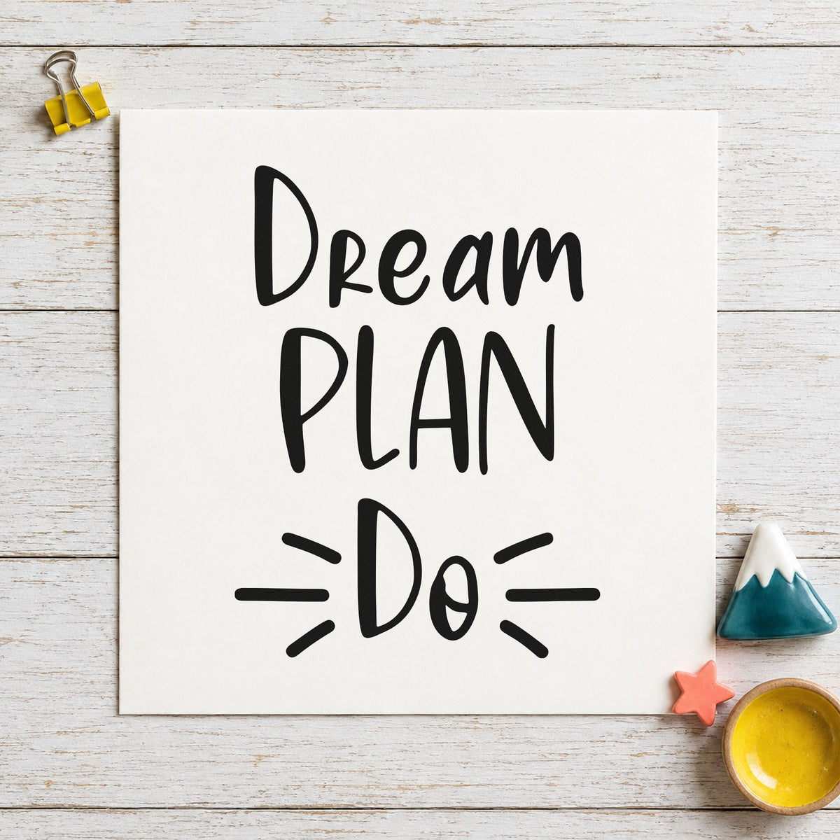 Dream Plan Do Lettering craft stamp imprint in black ink on a handmade project, one idea being fixture box gift tags.