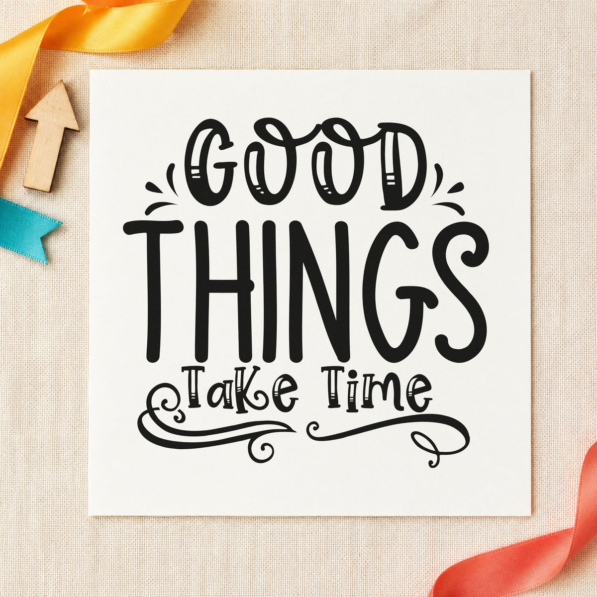 Good Things Take Time Flourishes craft stamp in black ink on cardstock, an easy option for bonsai album page.