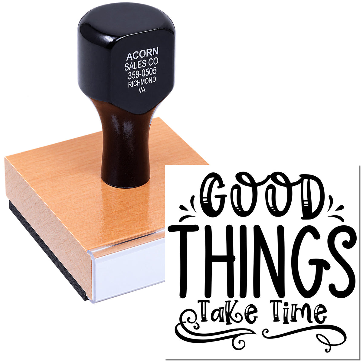 Decorative rubber stamp with Good Things Take Time design, shown mounted on a block for craft and motivational stamping.