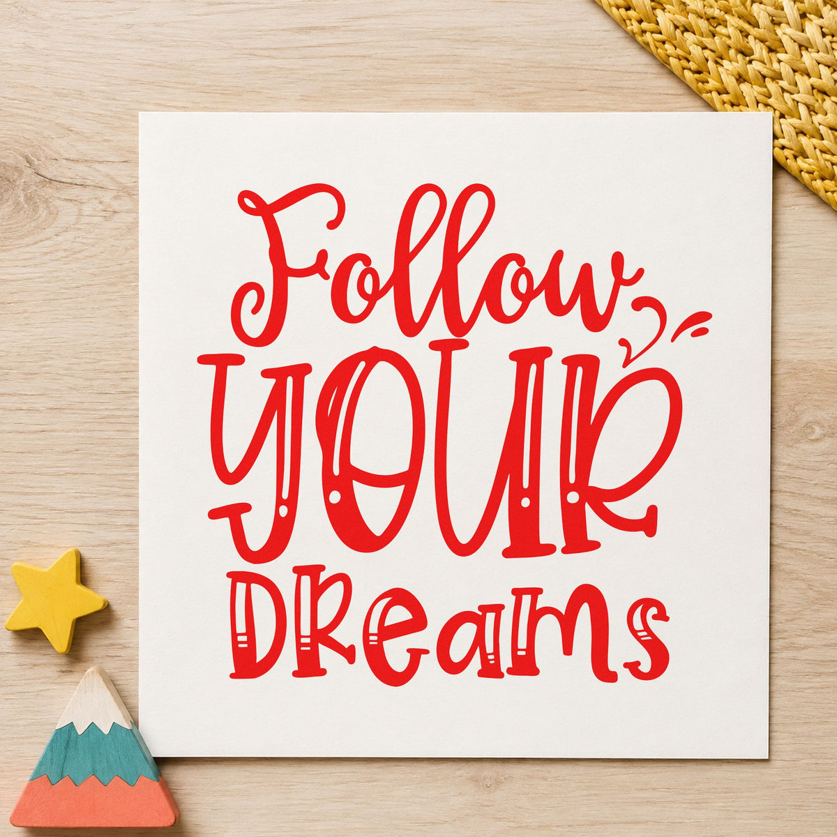 Follow Your Dreams Lettering rubber stamp shown in red ink, stamped for projects such as case cable labels.