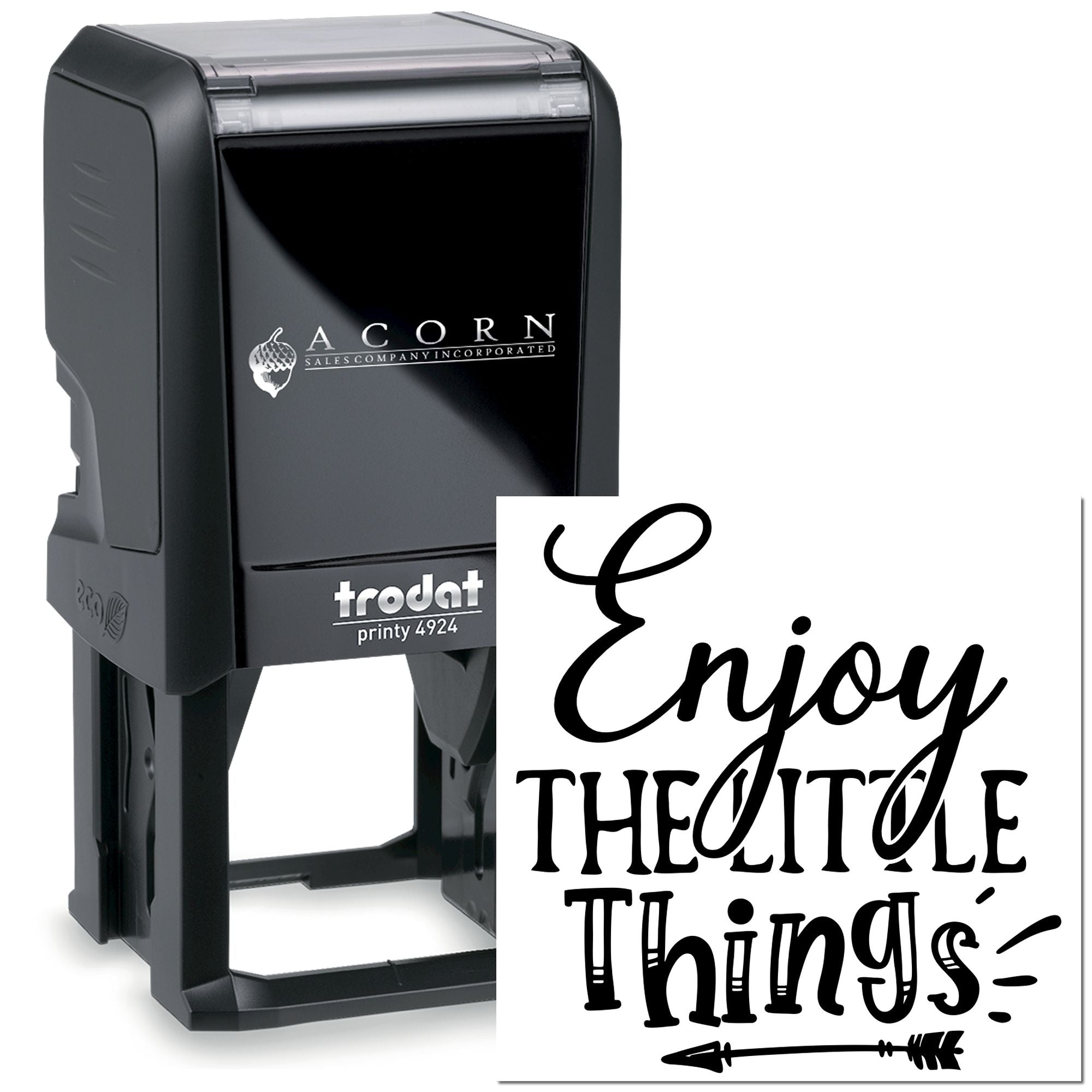 Trodat Printy 4924 self-inking custom rubber stamp featuring Enjoy the little things for personalized branding.