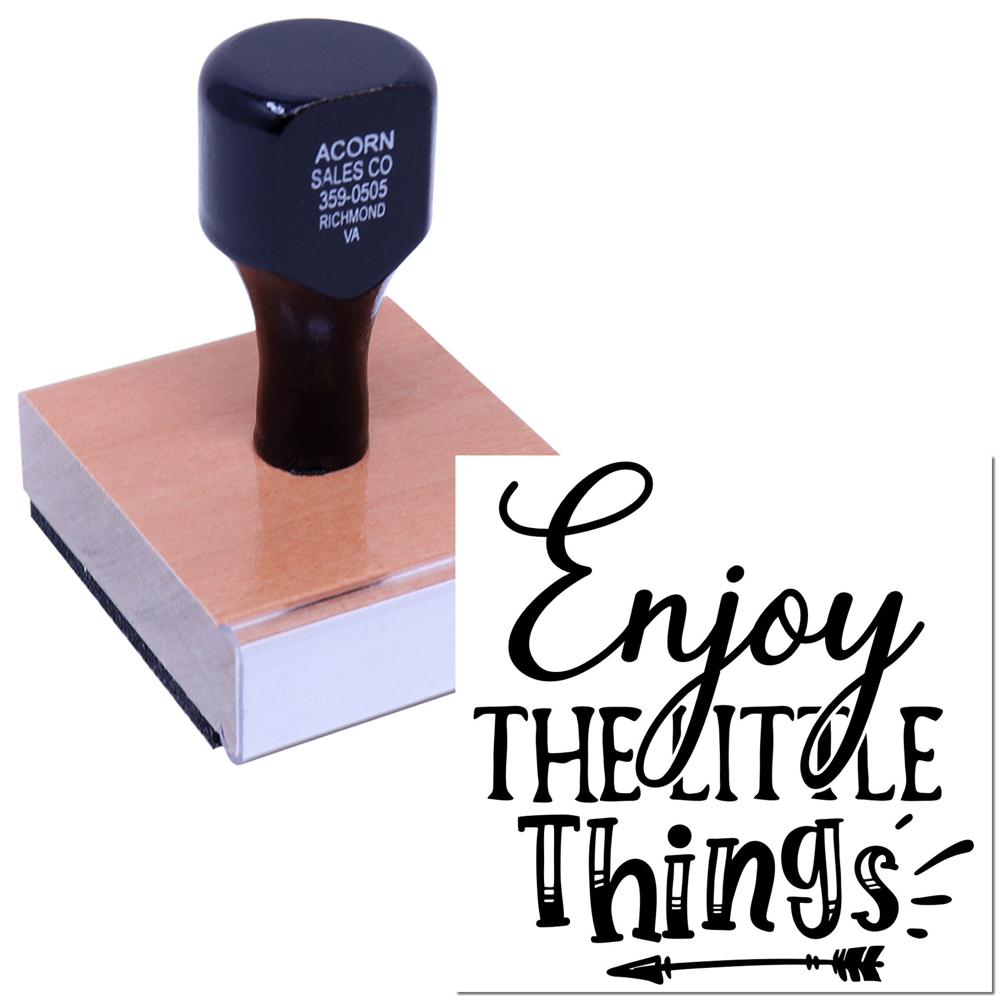 Custom rubber stamp with Enjoy the little things design, ideal for branding, crafts, and personalized impressions.