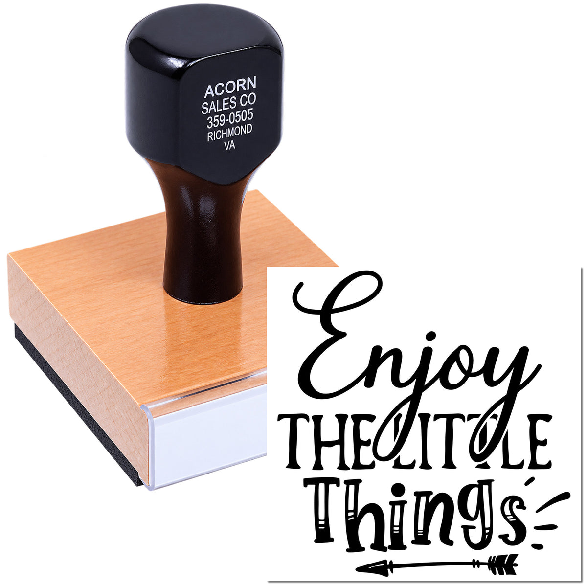 Custom rubber stamp with Enjoy the little things design, ideal for branding, crafts, and personalized impressions.