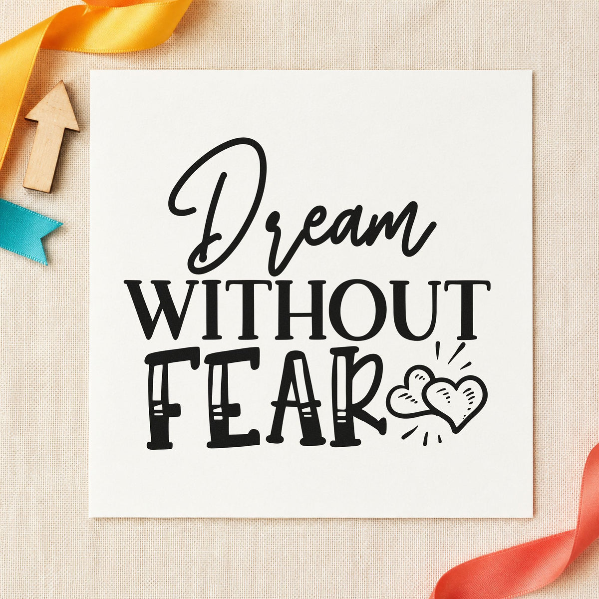 Dream Without Fear Hearts craft stamp imprint in black ink on a handmade project, one idea being rig bag gift tags.