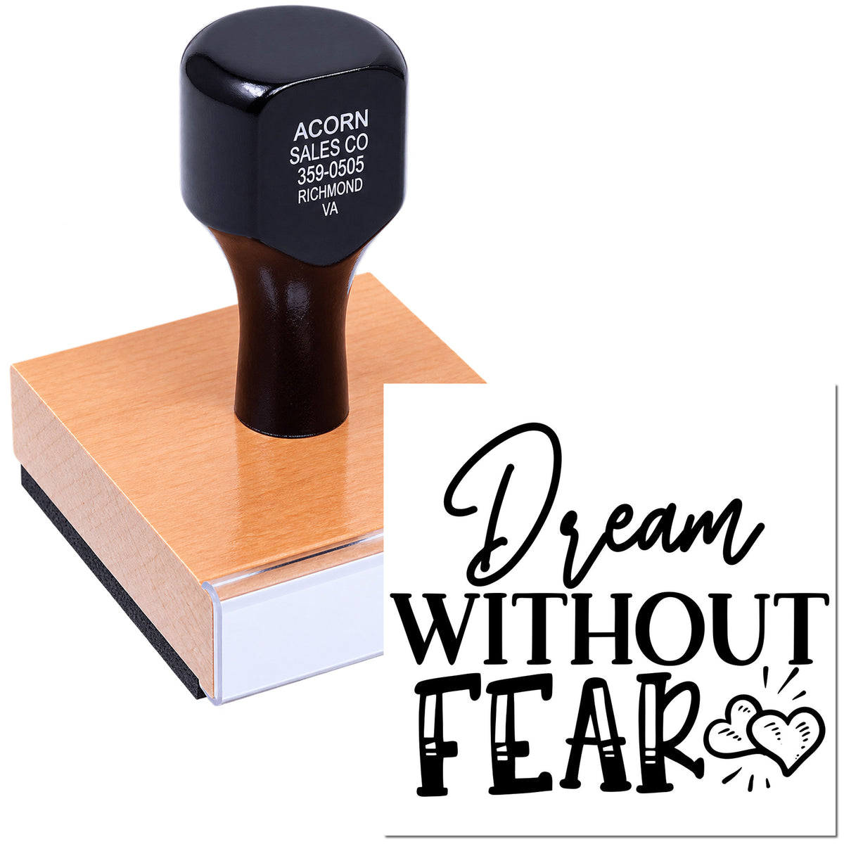 Custom rubber stamp featuring Dream Without Fear design for inspirational crafts, branding, and packaging.
