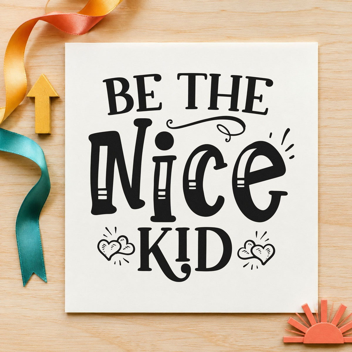 Be The Nice Kid craft stamp in black ink on cardstock, an easy option for camp session album page.