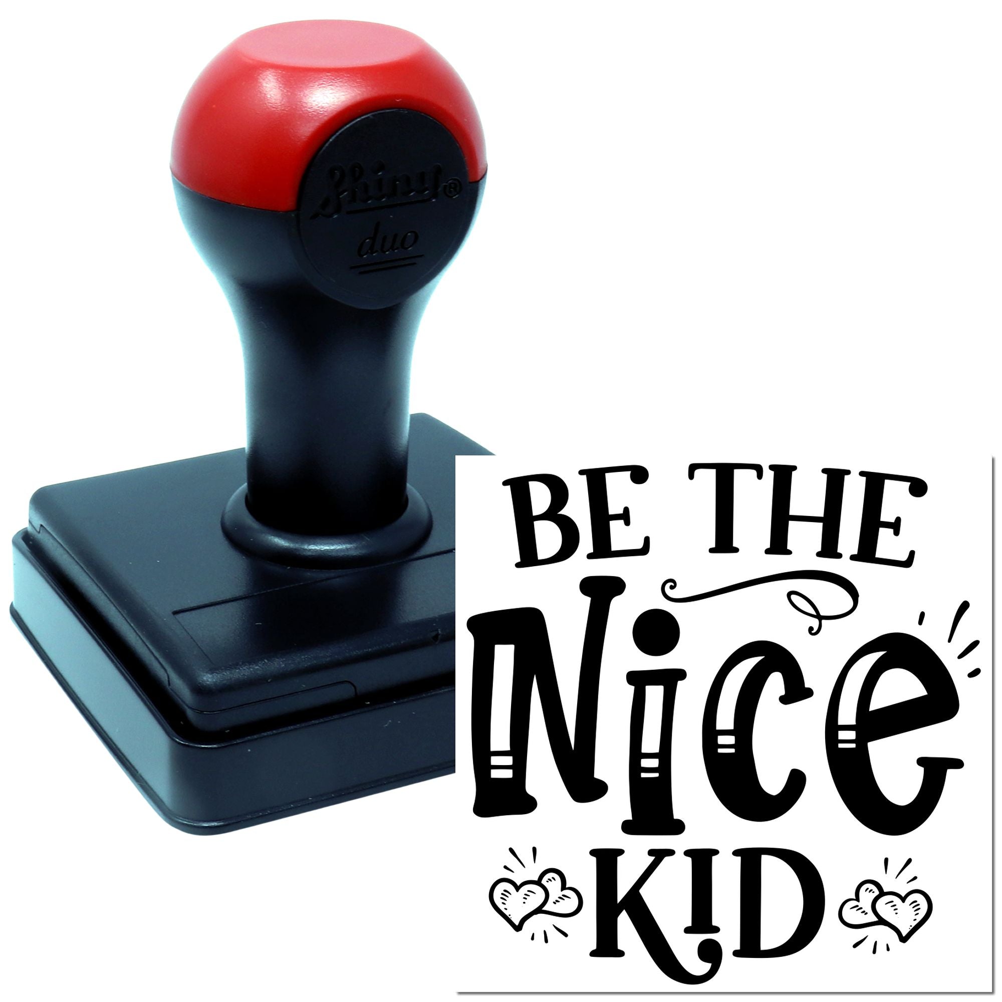 Self-inking rubber stamp with Be the Nice Kid design for classroom rewards, teacher notes, and kids crafts.