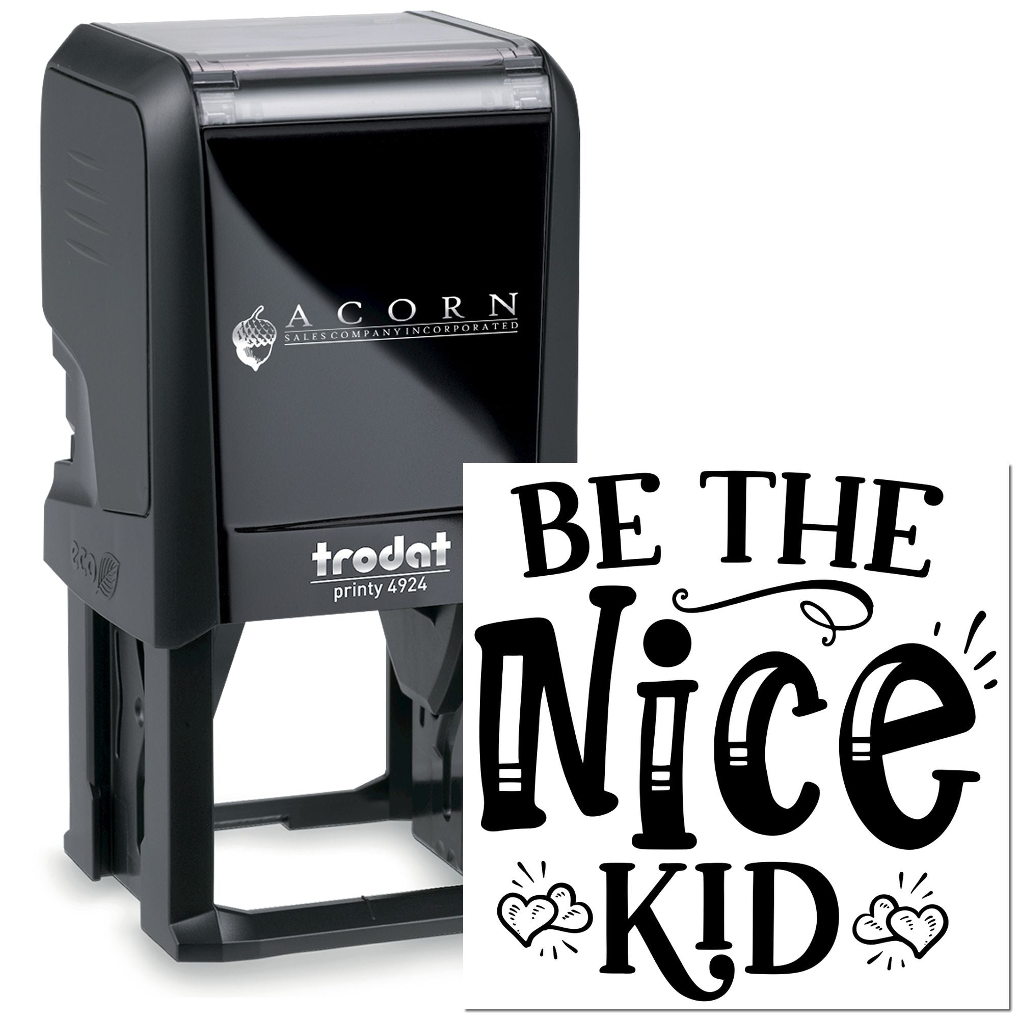 Self-inking rubber stamp with Be the Nice Kid design for classroom rewards, kids crafts, and positive messages.