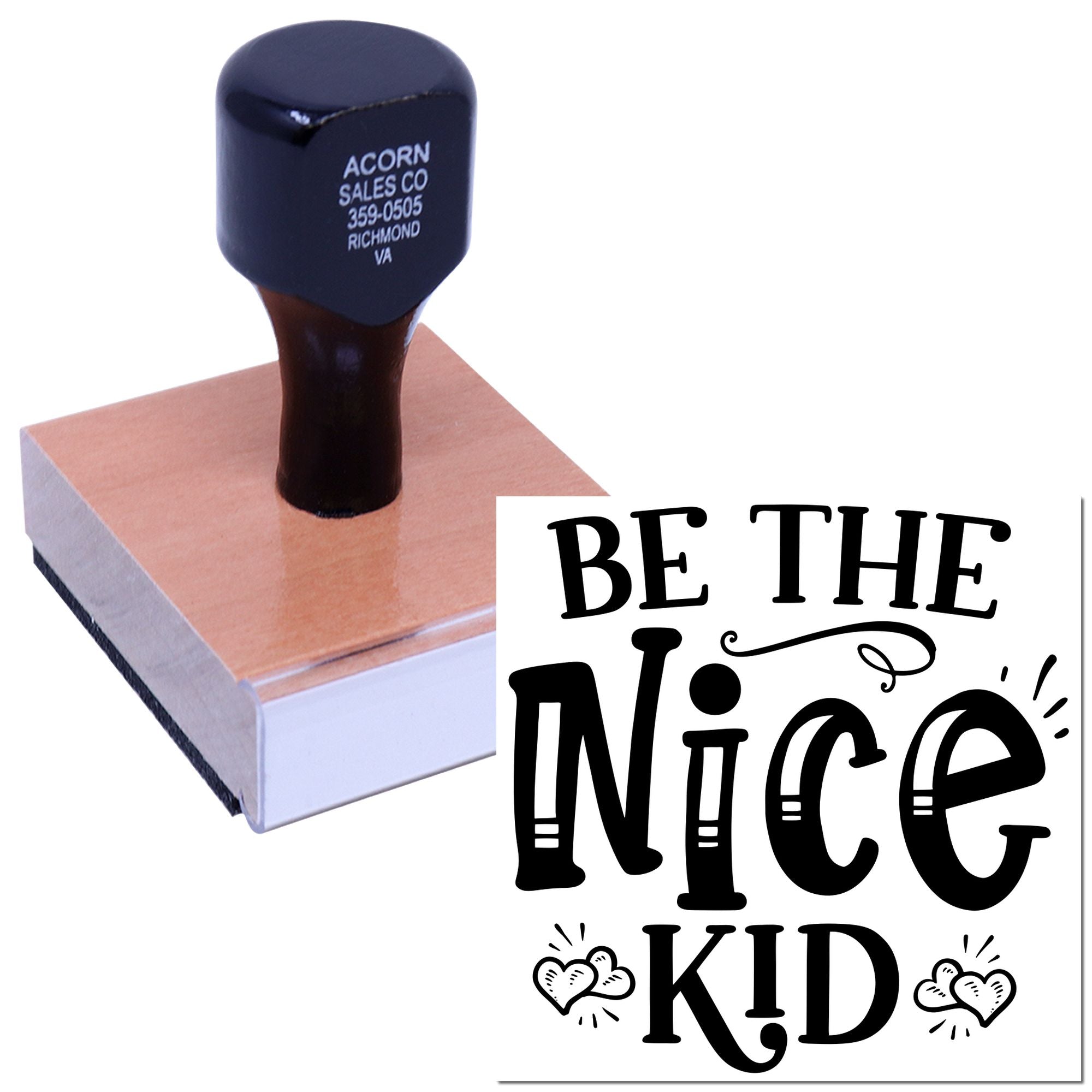 Custom rubber stamp with Be the Nice Kid motivational design and heart accents for crafts, classroom use, or gifting.